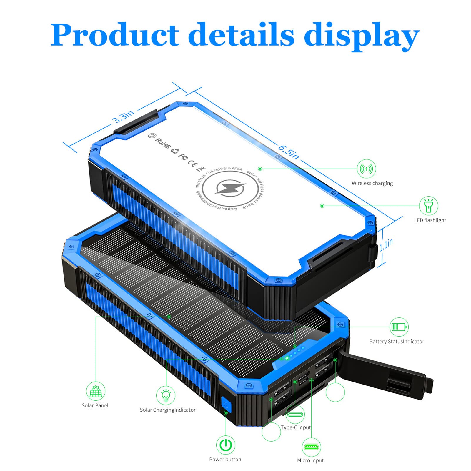 Chargeur Solaire Power Bank 36800 MAh avec Charge Rapide sans Fil, 4 Sorties USB, Entrée, 34 LED pour Le Camping en Plein Air, la Randonnée, Les Voyages