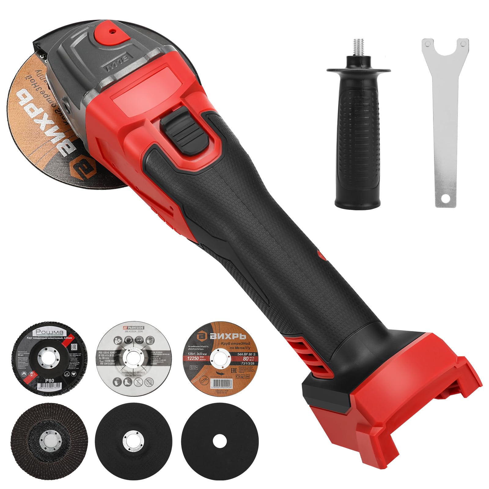 Roadtime Amoladora angular inalámbrica para Milwaukee de 18V (sin batería) | herramienta de molienda sin cepillo de 125mm 12000RPM con eje central de M14 a 5/8"-11, para corte, molienda y pulido
