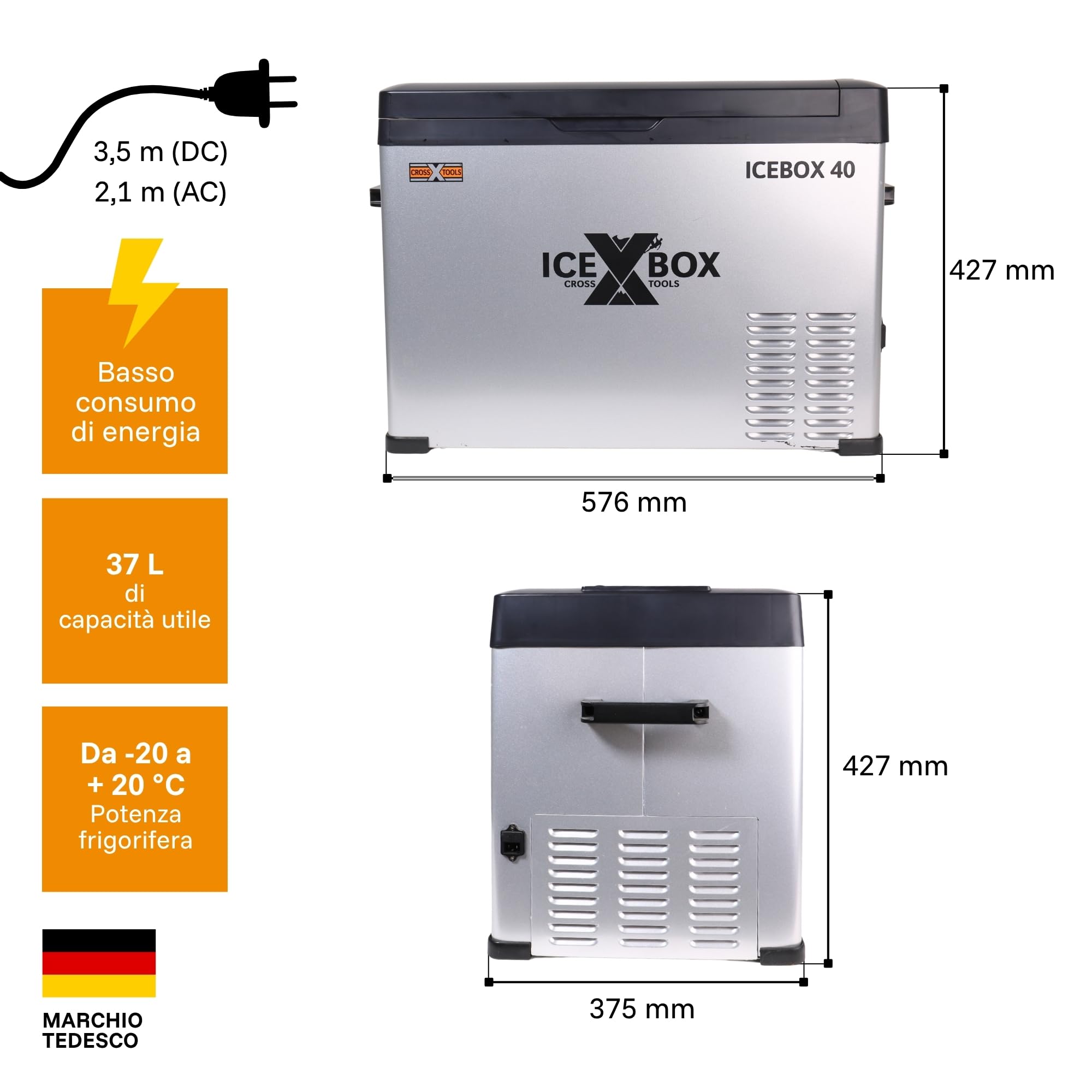 CROSS TOOLS Frigorifero portatile elettrico con compressore 37L -20°C, campeggio e auto, congelatore portatile, frigorifero con app, 230V/12V/24V, 65x37,5x42,7cm, ICEBOX 40