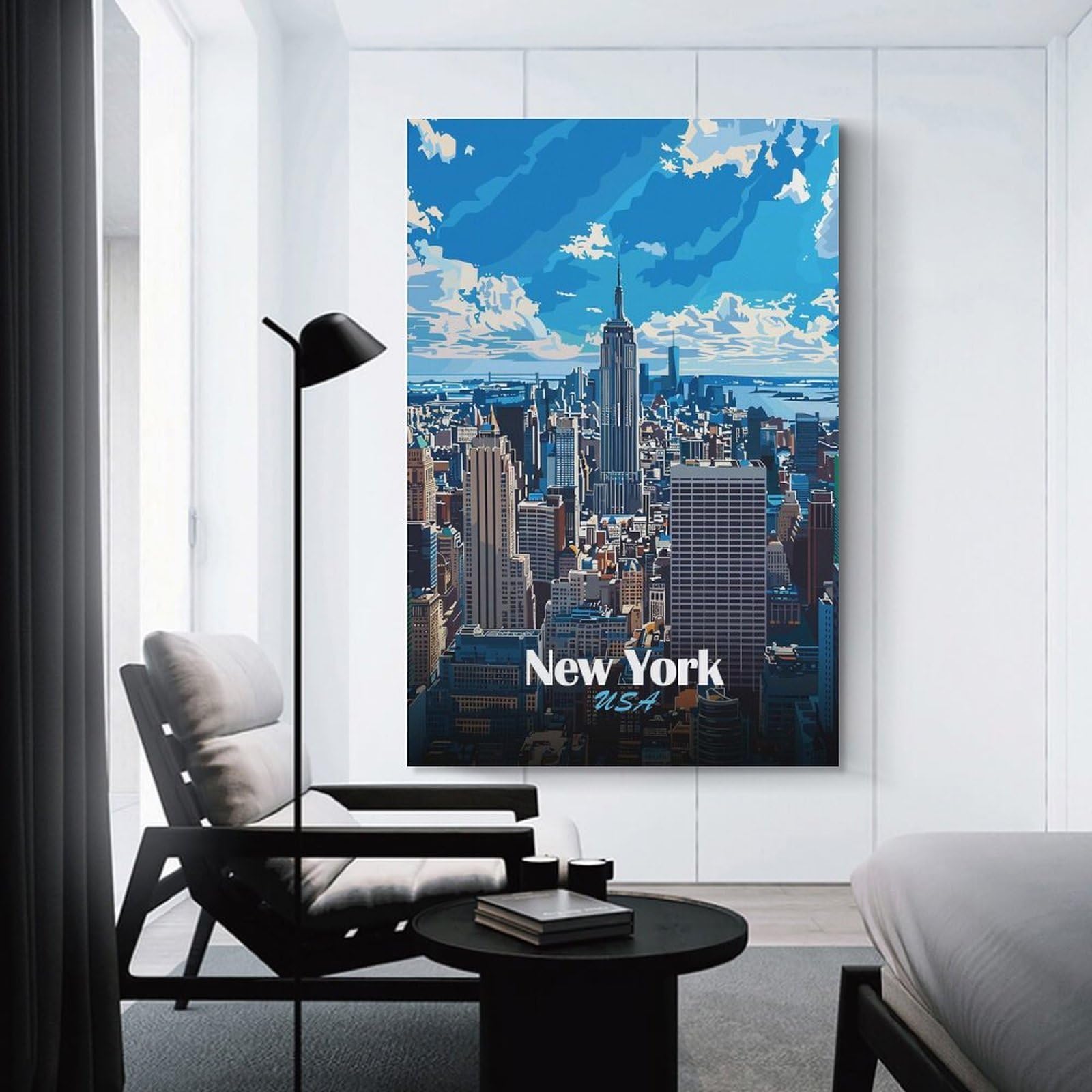 Junmoney New York City Skyline Illustration Wall Picture Print 12x18inch(30x45cm), for Home Office, Desk Area Or Studio, Home Office Artwork with Decorative Appeal
