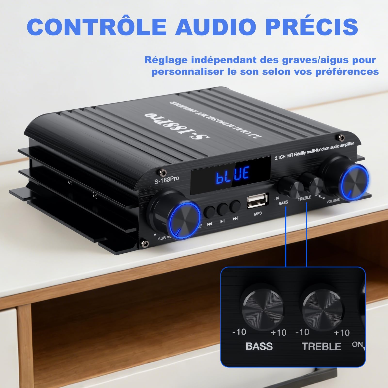 2.1 Chaîne Amplificateur Audio 50W×2 + Caisson de Basse 60W, 1000W Puissance de Crête, Bluetooth 5.3, Aux/USB/MP3, Réglage Grave/Aigu – Pour Home Cinéma, TV, Voiture