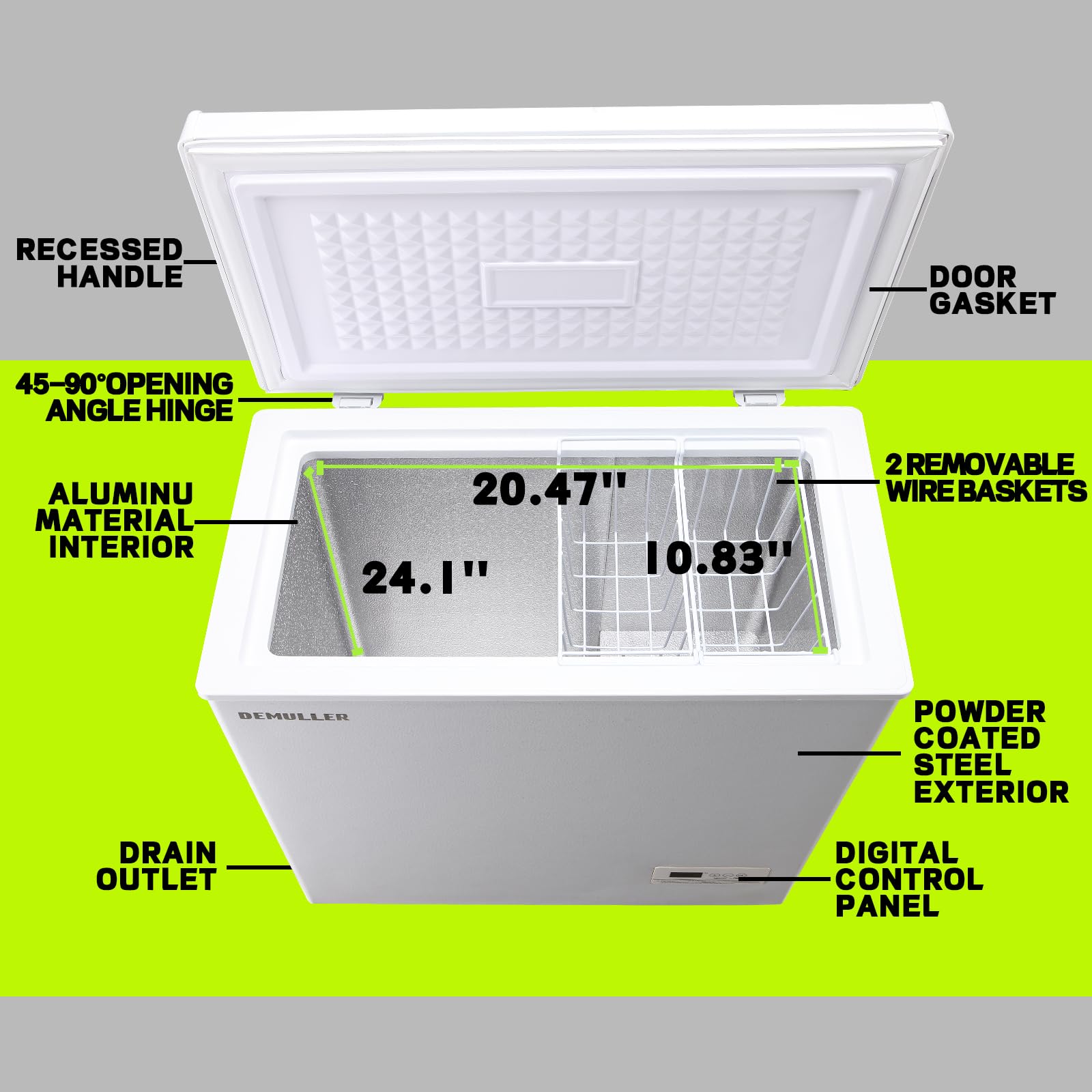 DEMULLER Small Mini Chest Freezer with 2 Hanging Baskets Electronic Control to 1℉Top Open Door Open Freezer Energy Saving Quiet Operation Perfect for Dorm, Garage and RVS, White