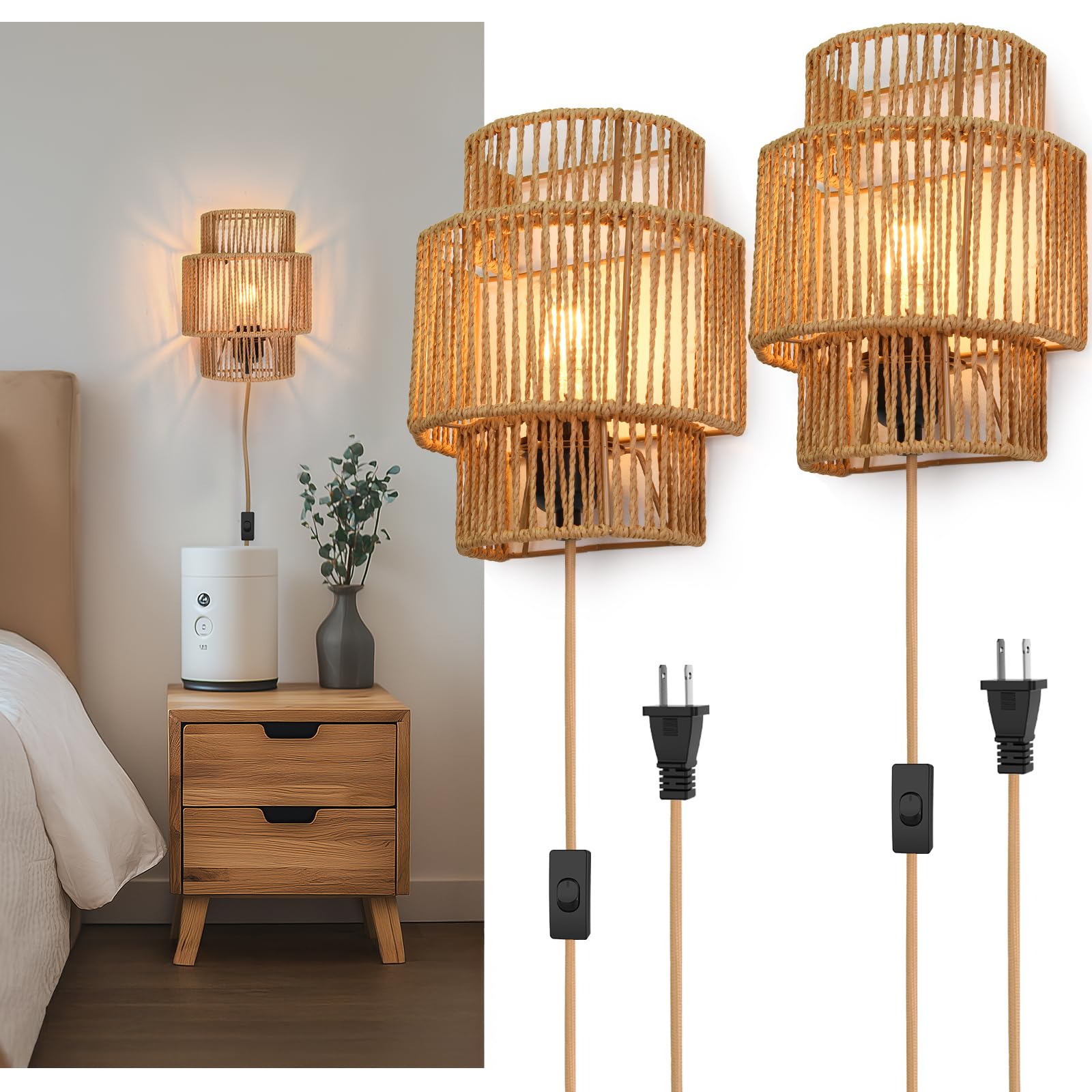 Photo 1 of AKEETO Plug-in Wall Sconces Set of 2, Handwoven Bohemian Wall Decor with Switch, Wall Lights Fixtures for Bedroom Living Room Hallway Porch