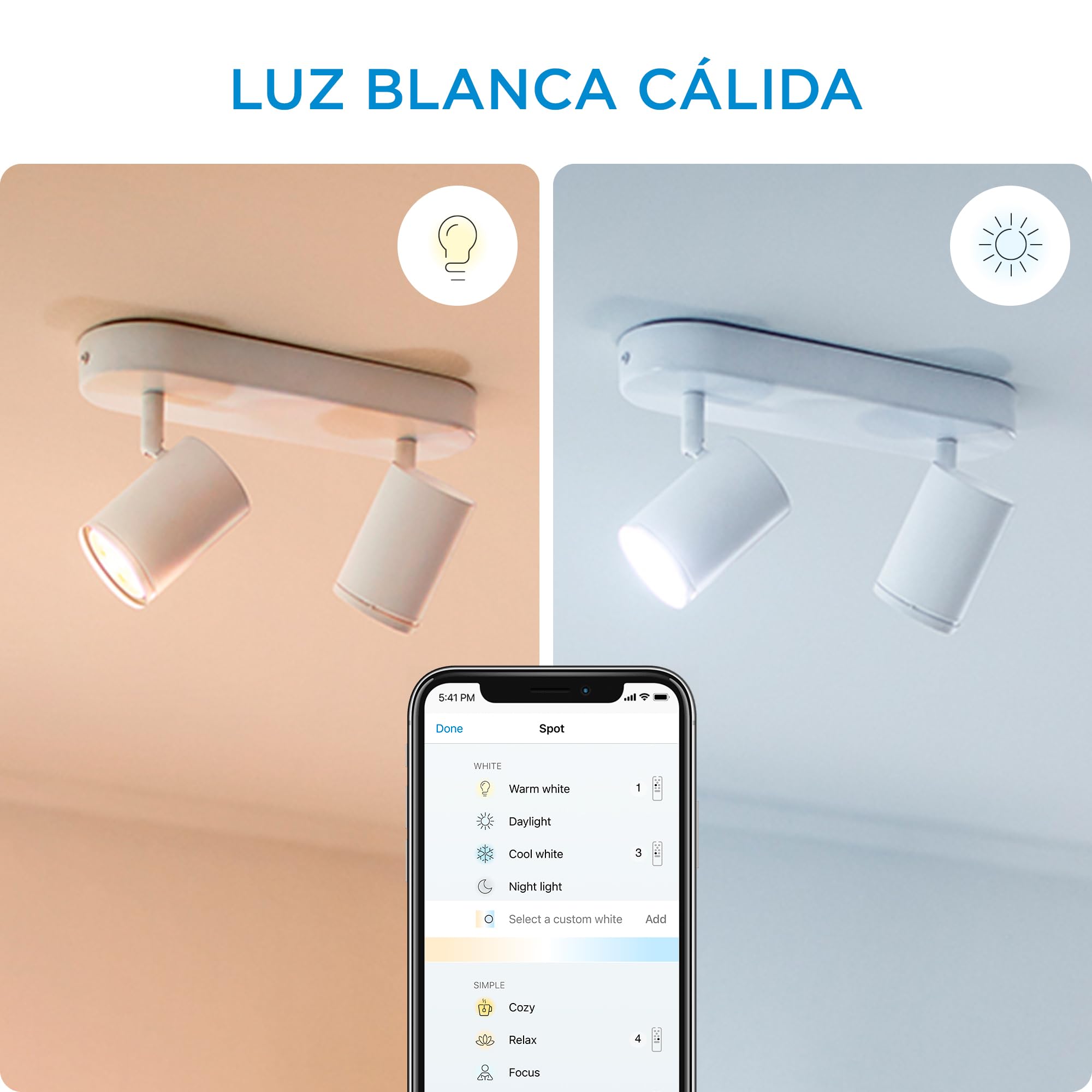 WiZ – Lámpara inteligente Imageo, 2 Focos LED Inteligentes, Luz Blanca y de Colores, con tecnología SpaceSense y compatible con Alexa y Google Home, Color Blanco