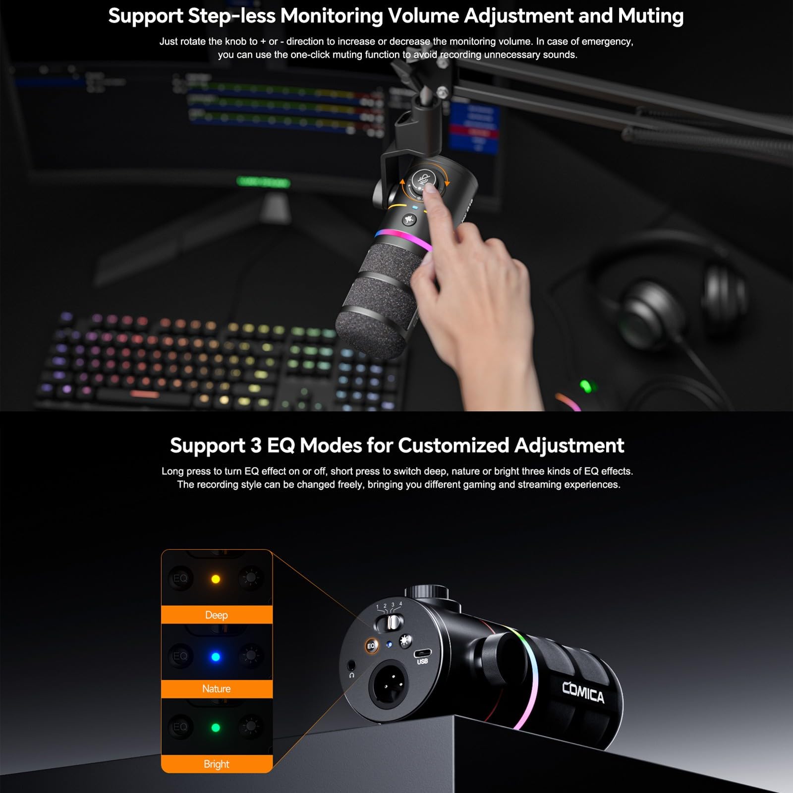 COMICA EJoy D10 A XLR USB Micrófono Dinámico con Brazo Articulado para Videojuegos, Streaming en Vivo, TikTok y Grabación de Podcasts, Incluye Luz RGB y Botón de Silencio para PC, Smartphone