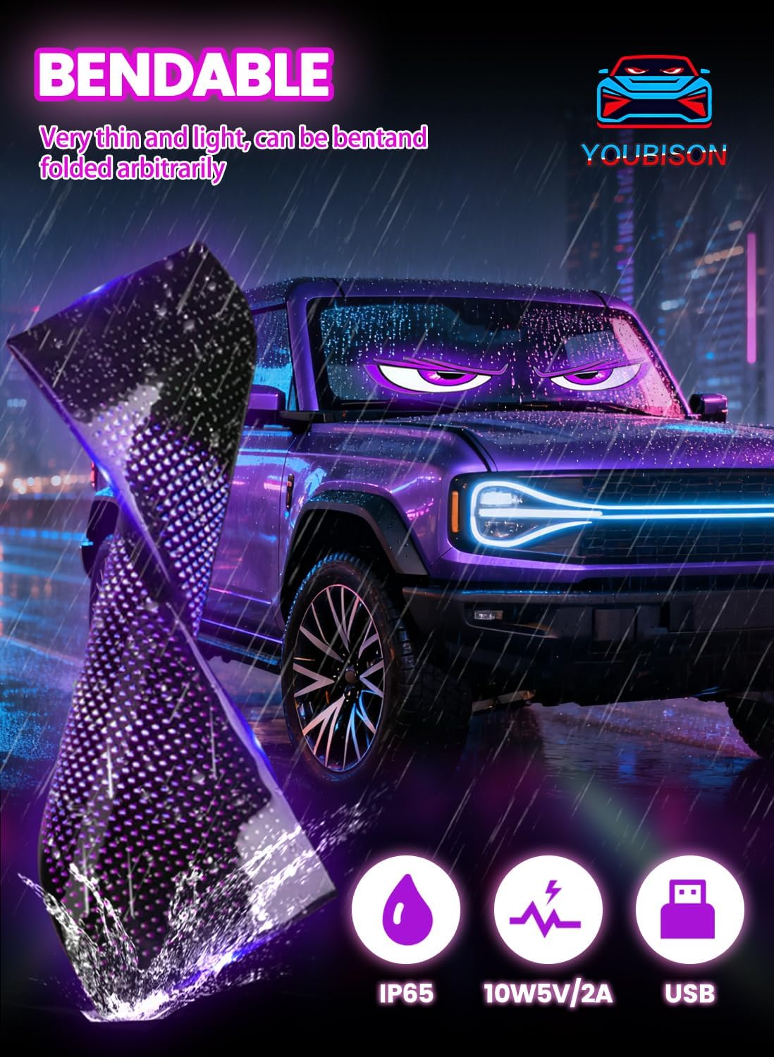 2PCS 23"x5" Devil Eyes Light for Windshield – Dual Screen Sync, LED Eyes for Cars/Trucks/SUVs/RV, App Controlled Animated Windshield LED with Custom Text & Graphics - Image 8