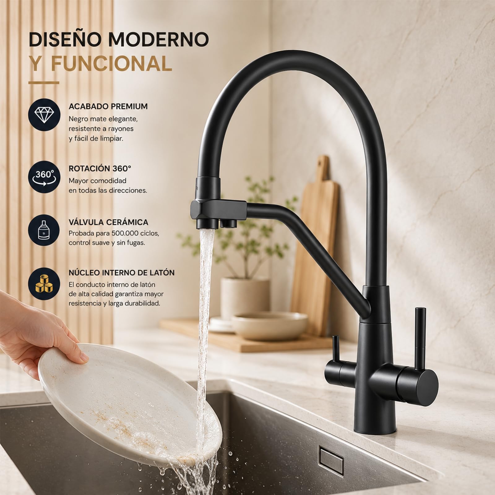Grifo de Cocina 3 Vías Negro Satinado para Ósmosis, Agua Fría y Caliente, Latón Macizo