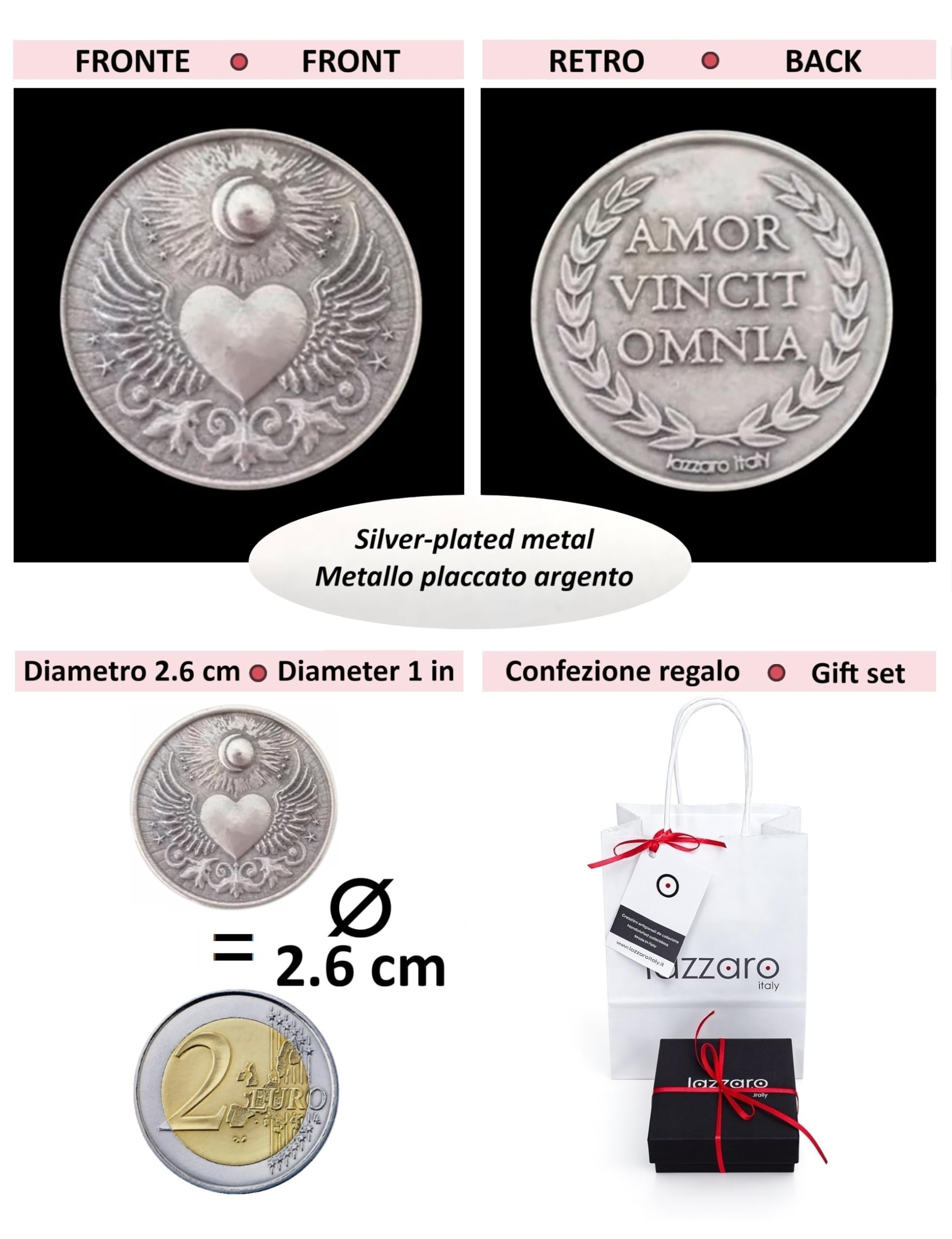 Pièce d’amour pour chance et protection: Amor Vincit Omnia. Idée cadeau femme, homme, maman, grands-parents, Saint-Valentin, anniversaires, occasions spéciales. Métal plaqué argent. Made in Italy