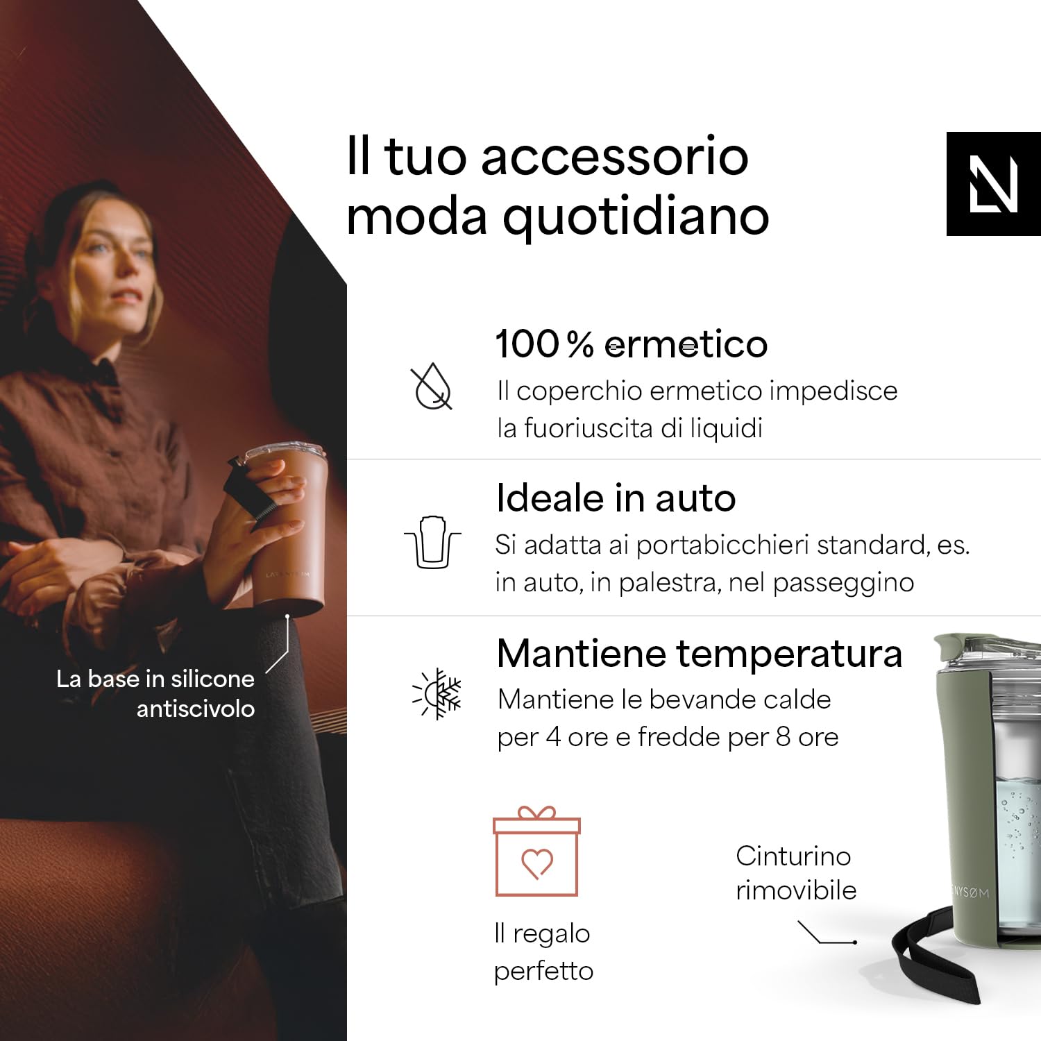 LARS NYSØM Tazza Termica per caffè Thermo Coffee Mug-to-Go con Cinturino & Coperchio in Tritan 380ml | Tazza da Viaggio 0,38 Litri con Isolamento | Per caffè e tè (Sage Green, 380ml)