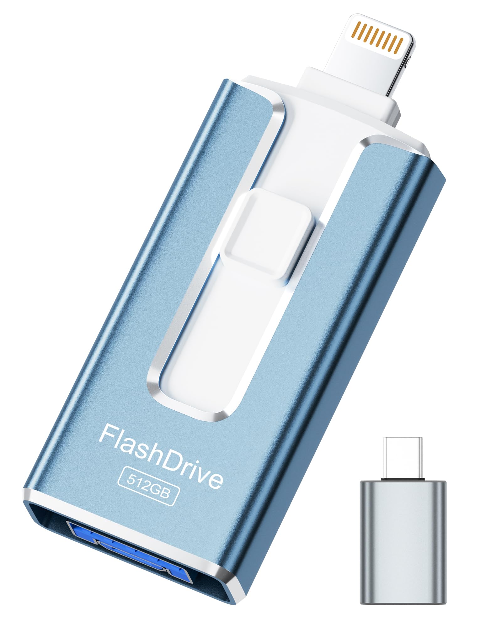 MFi Certified Flash Drive for iPhone iPad 512GB, Photo Stick for External Memory Storage, Easily Back Up and Save Photos Videos, USB Memory Stick Thumb Drive for iPhone/iPad/Android/PC (Sky Blue)