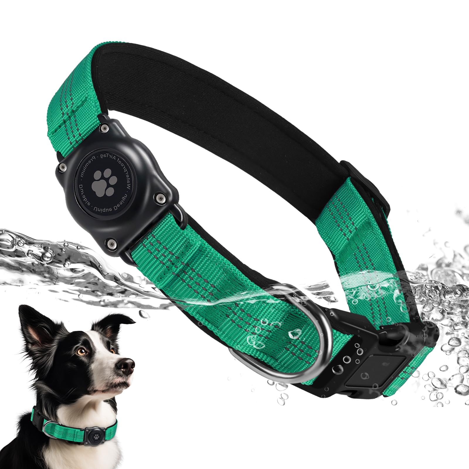 Upgraded AirTag Dog Collar, IP68 Waterproof Air Tag Dog Collar Holder, Reflective, Ultra-Durable, Comfortable Padded, Heavy Duty Dog Collars for Small Medium Large Dogs (M (12.6"-17.1"), Teal)