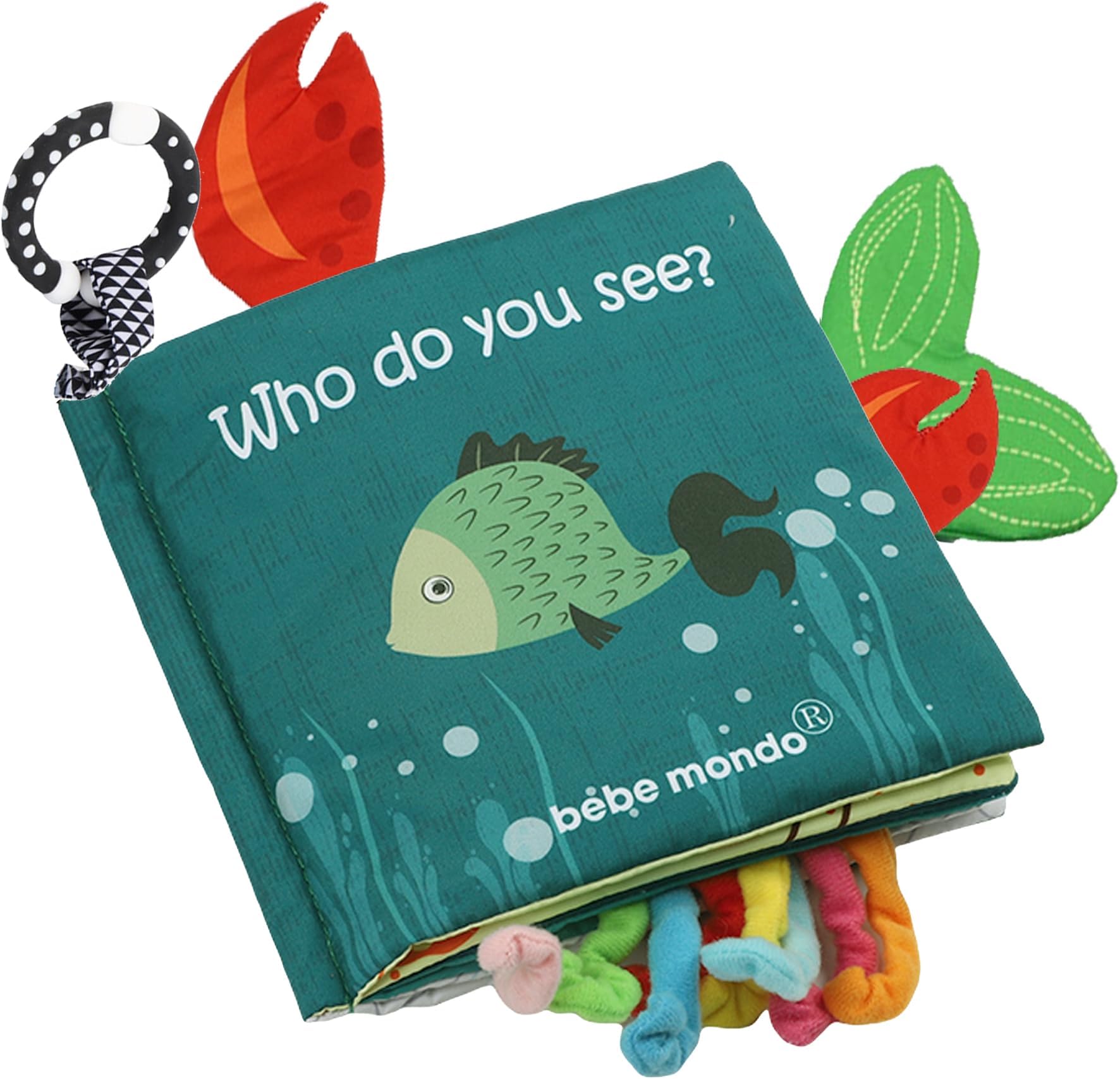 Fish Baby Books, Crinkle Books for Babies,Touch & Feel,Infant Baby Toys 0-3 0-6 6-12 Months, Sensory Mirror Toys,Soft Teether,Teething Toy,Shower Baby Basket Stuffers,Baby Gifts for Boys Girls-Green