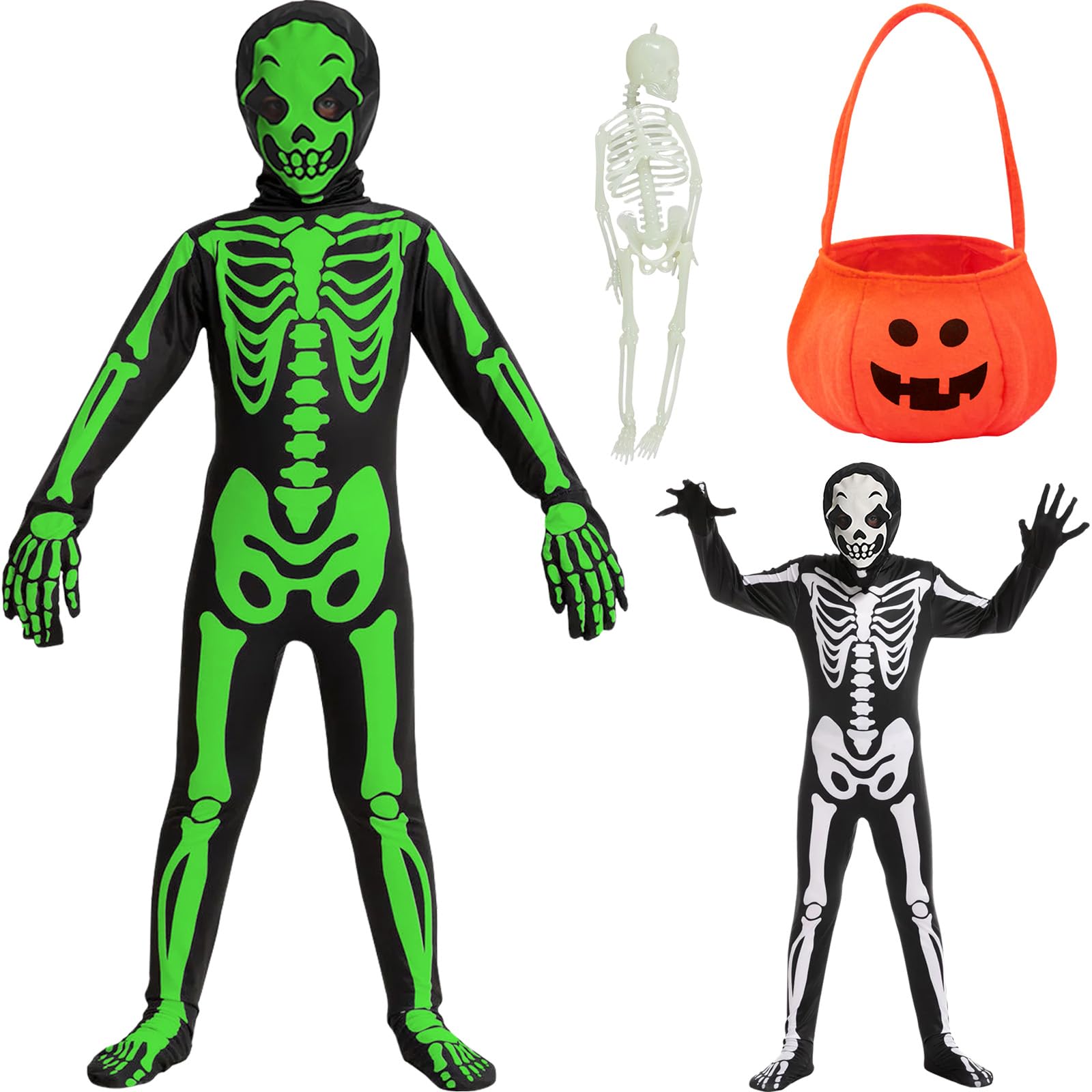 BITOWO Skeleton Costume Kids Boys Girls 3-4 Glow In The Dark with Light up Skull Figure Glove Mask Pumpkin Bag Scary Halloween Skeleton Costume Outfit Onesie Fancy Dress Kids Boys