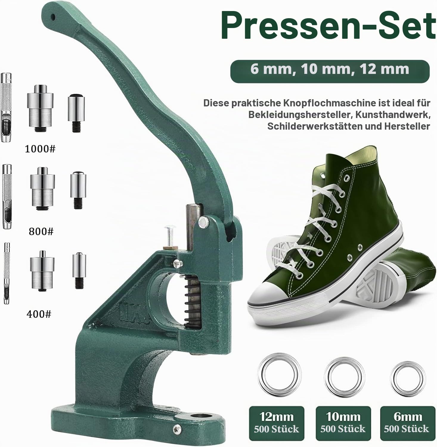 DEWIN Ösenzange Set, 1 Stück Handpresse Ösenmaschine mit 1500 Stück Ösen und 3 Löchern Werkzeugen 6/10/12mm