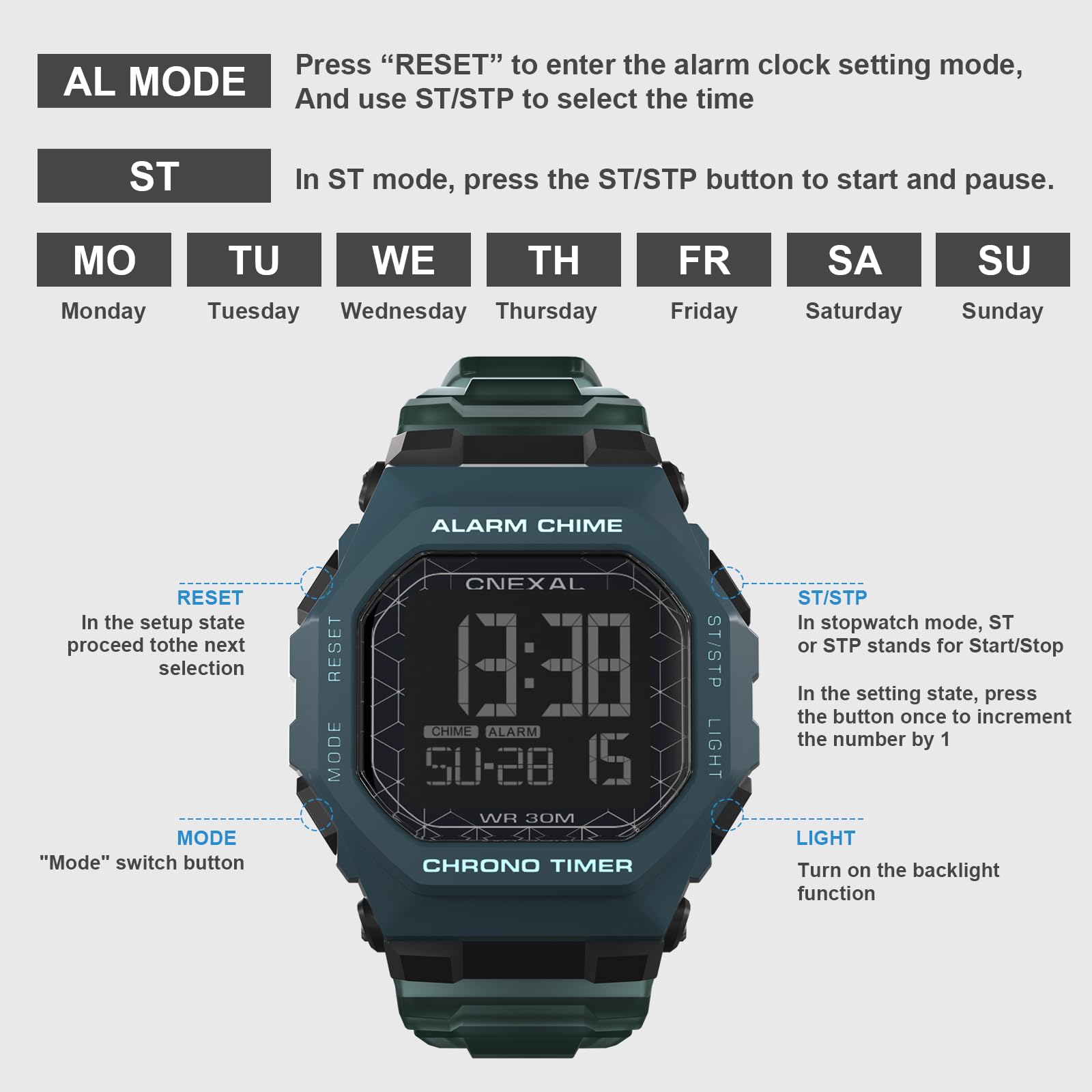 Orologio sportivo digitale da uomo, impermeabile, facile da leggere, con ampio display, cronometro, sveglia e batteria di 18 mesi