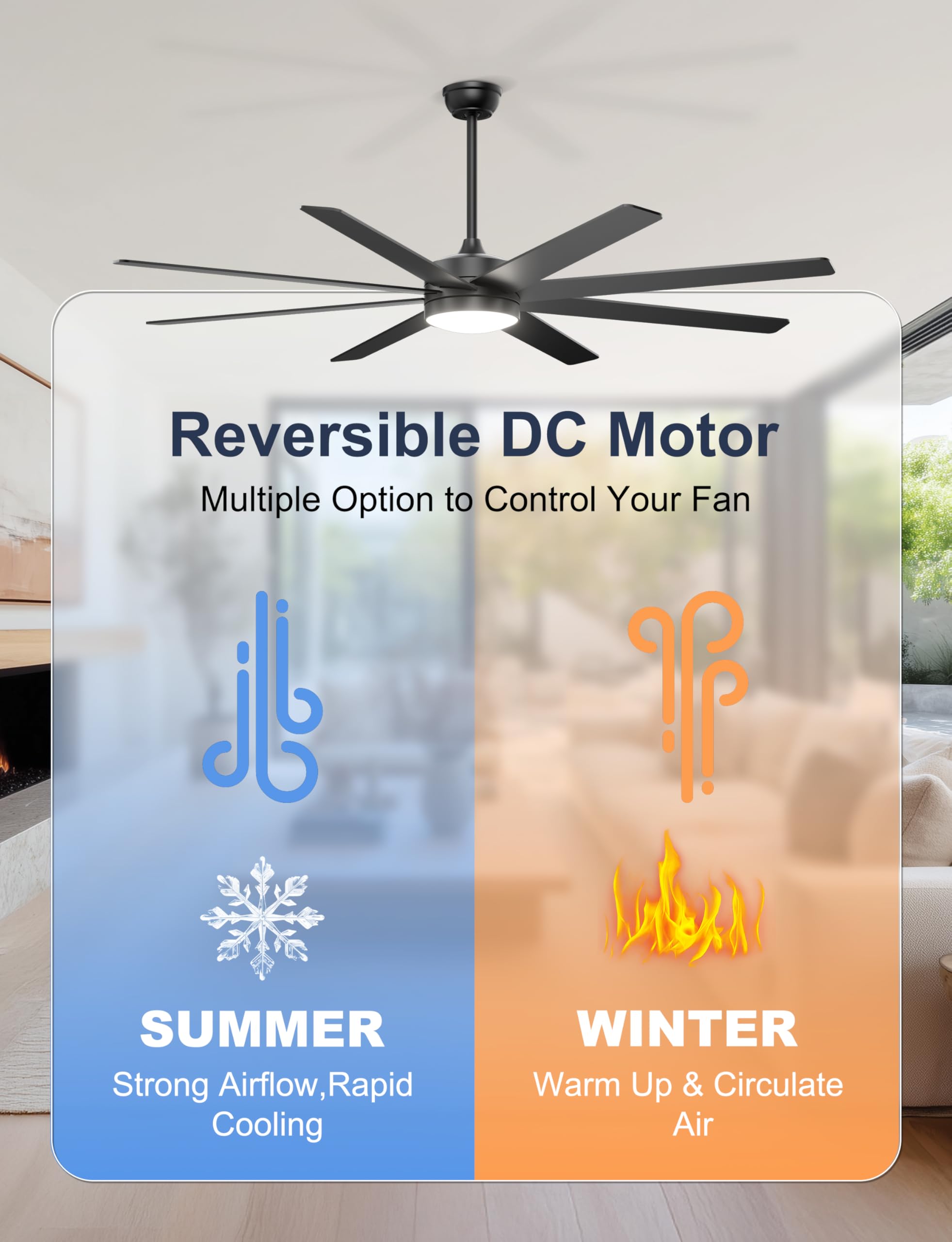 72 Large Ceiling Fans with Lights Modern Black Ceiling Fan Remote APP Control Dimmable Quiet DC Motor Big — view 7