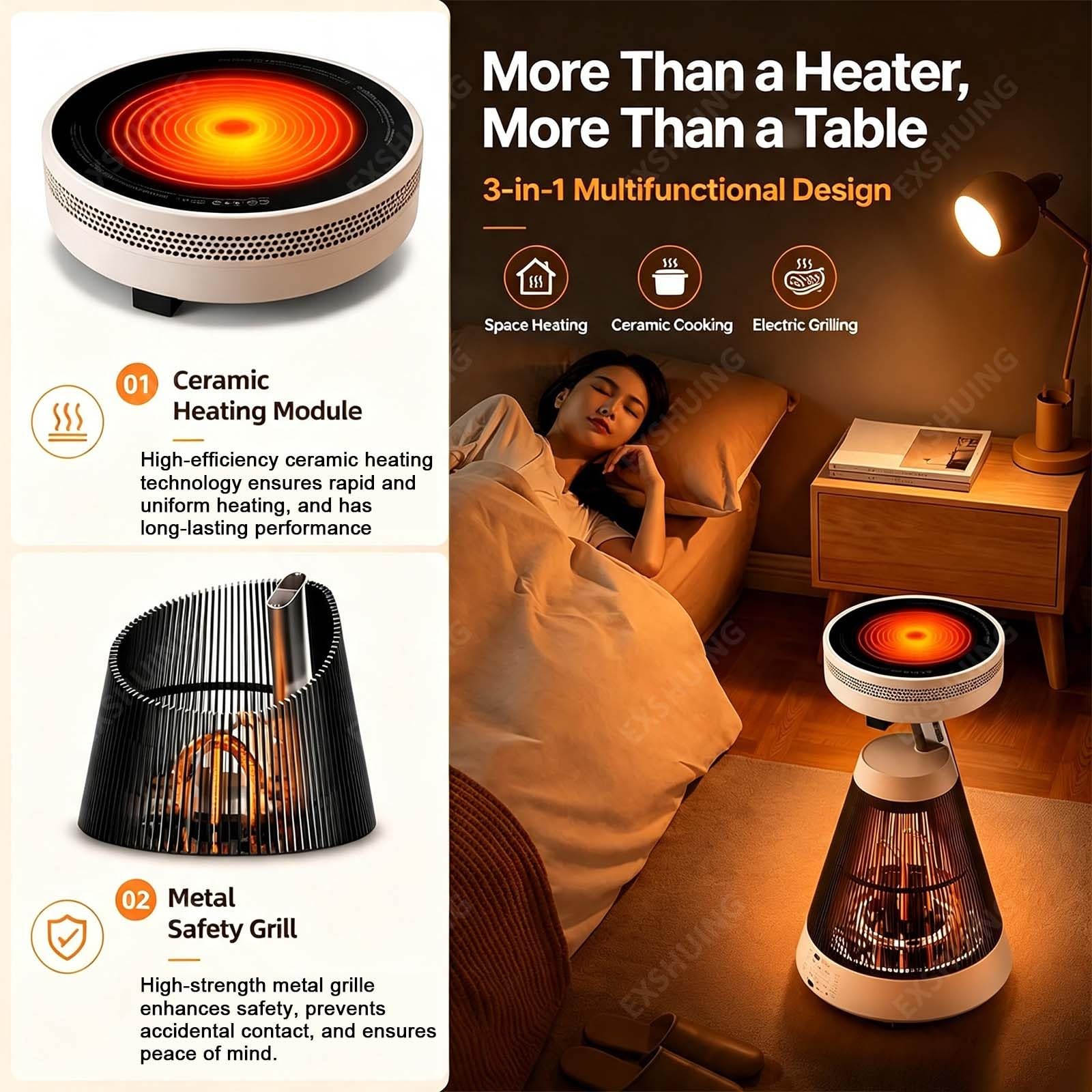 Kompakter Tischheizer Mit Grillfunktion, Ideal Für Studentenwohnheim | 1500-W-Cerankochfeld + 1000-W-360°-Warmluftfunktion, Zwei Timer, Touchpanel + Fernbedienung, Kindersicherung