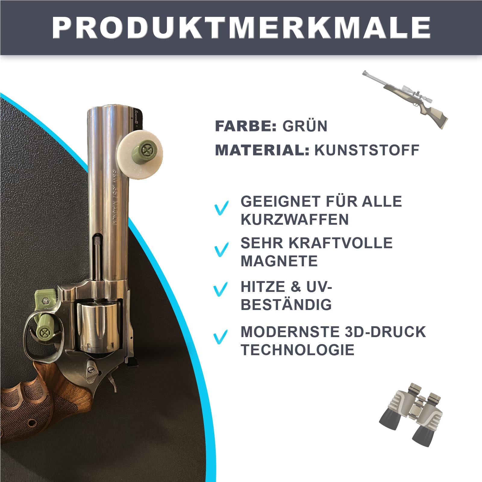 Magnetischer Waffenhalter – 2er Set in Navy-Grün, flexibel einsetzbare Halterung für unterschiedliche Pistolen & Revolver, starker Haftung ganz ohne Bohren – Made in Germany
