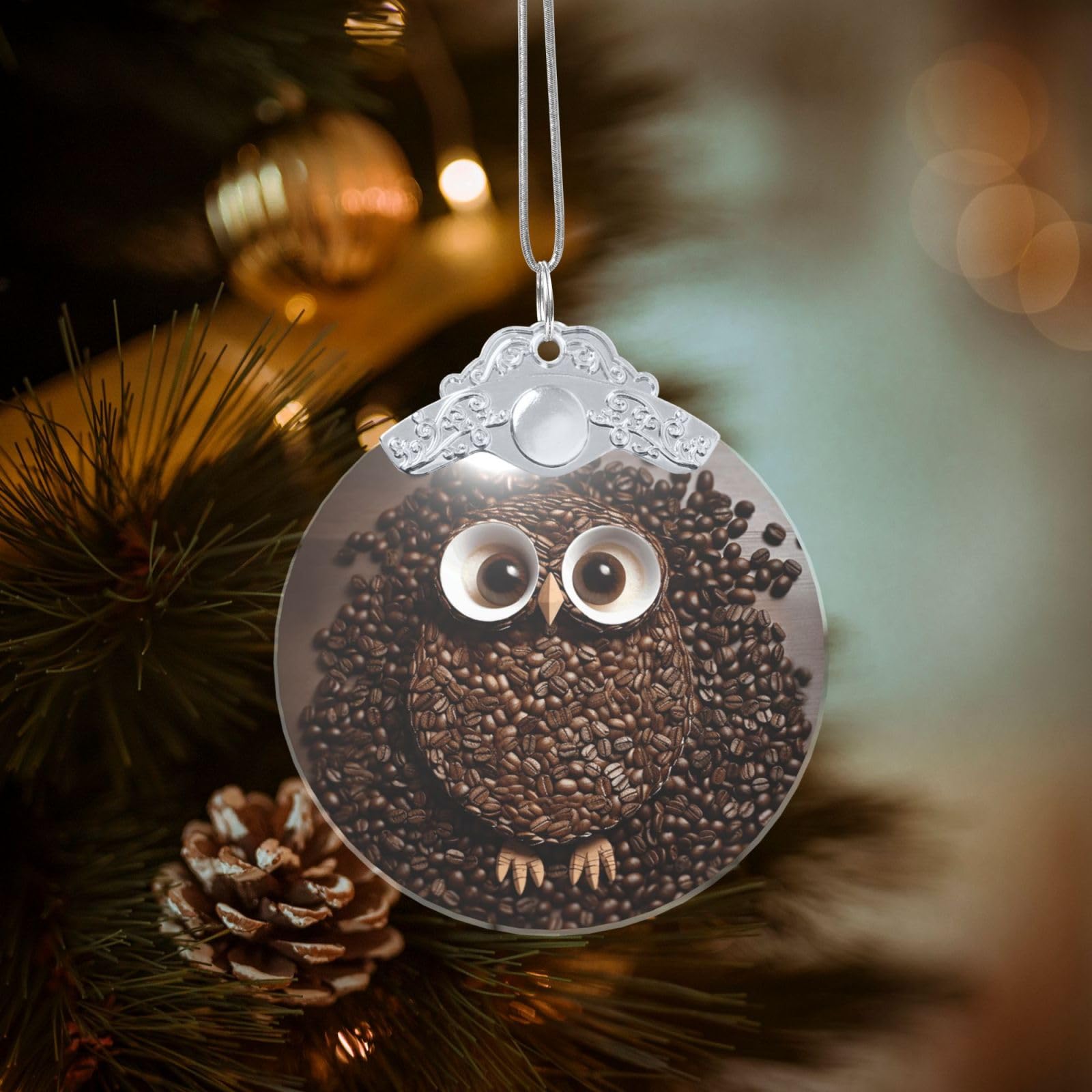 Crystal Christmas Ornaments for Christmas Tree Decoration Hanging Coffee Bean owl Ornament with Gold Ribbon Crafts Round Pendant for Keepsake Gifts Glass Xmas Decor Party Supplies