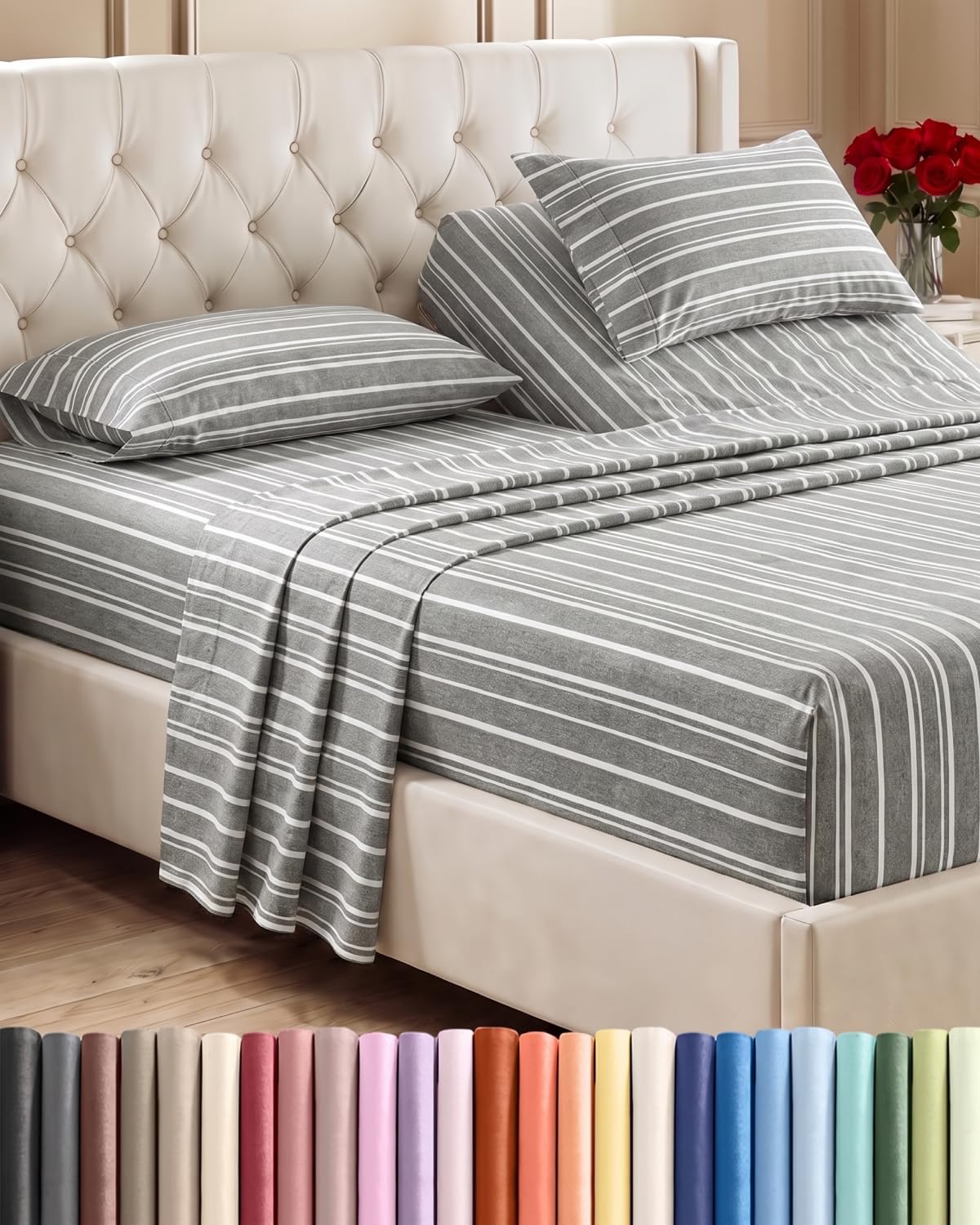Flex Top Split Head King 4 Piece Sheet Set - Soft &amp; Cooling - Grey Stripes