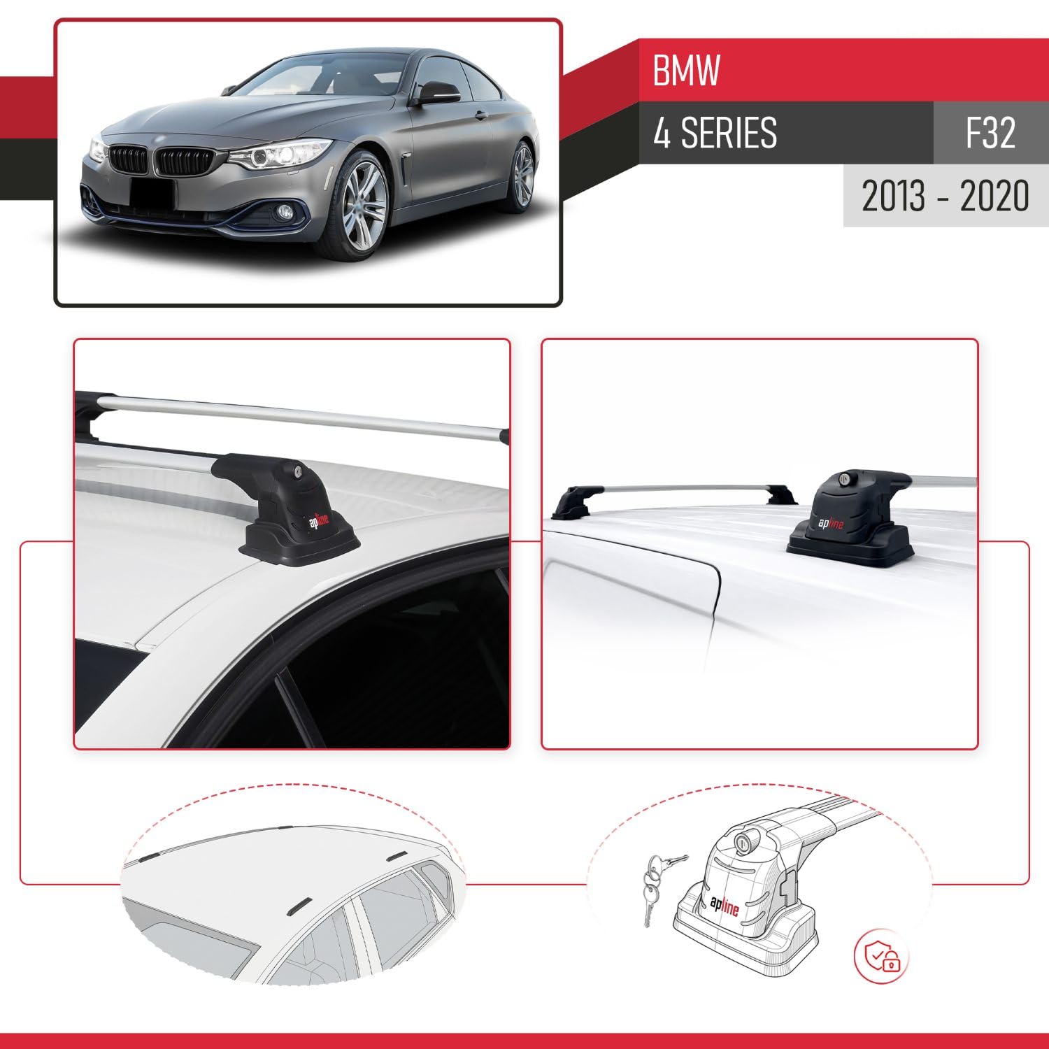 Compatible con BMW Serie 4 (F32) 2013-2020 Modelo Ace-3 Barra de Techo Auto Portaequipajes Barras Transversales Gris Aluminio 2 Barras