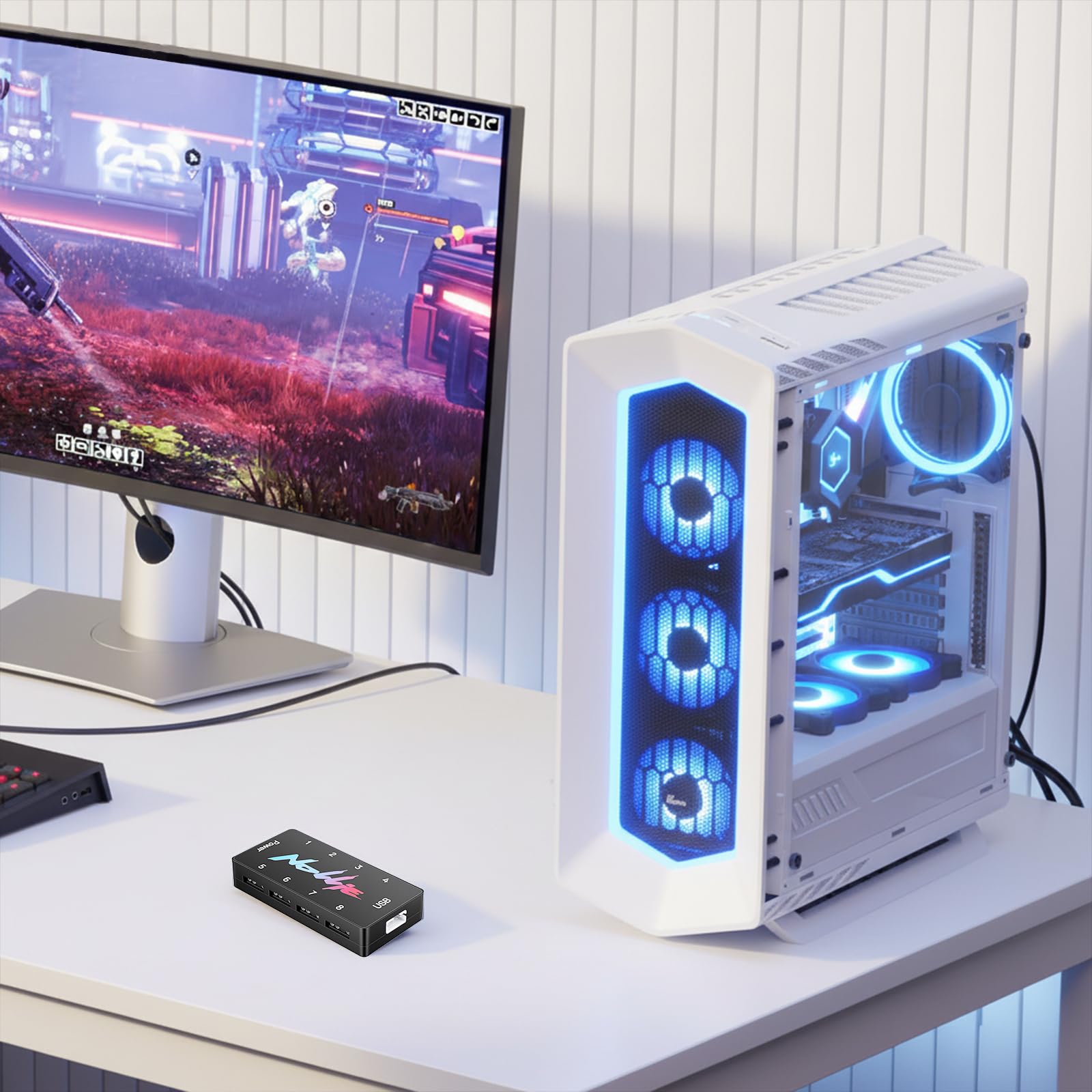 Iesooy Kontroler ARGB 5V 3PIN - Zasilany SATA kontroler ARGB PC Lighting Hub, 8-kierunkowy adresowalny rozdzielacz ARGB, obsługa sygnału RGB OpenRGB