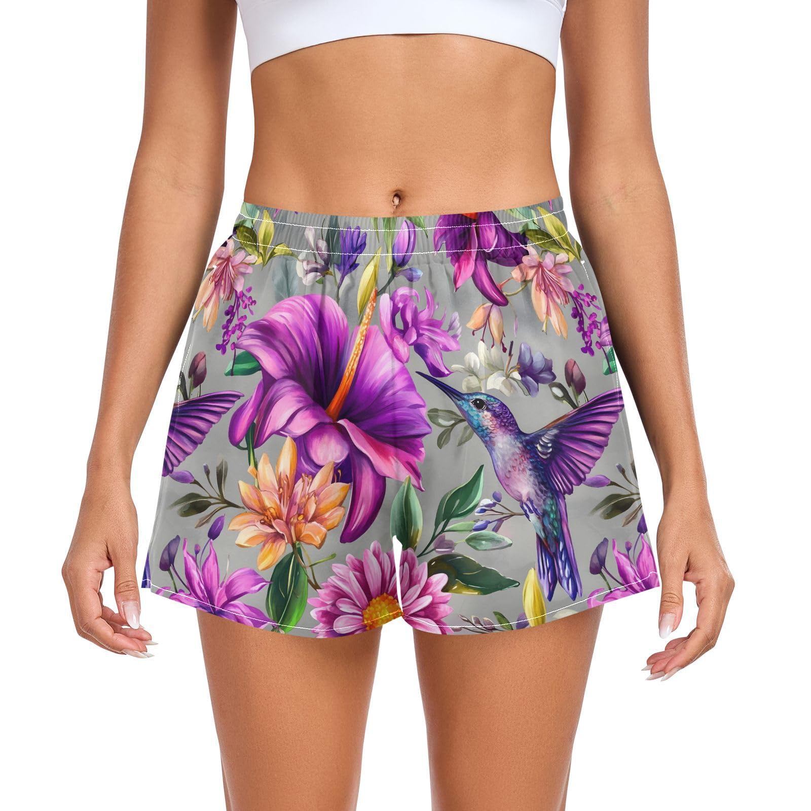 Women's Running Shorts Hummingbirds Purple Tulip Flowers Women's Athletic Shorts with Pockets XL 202b8838