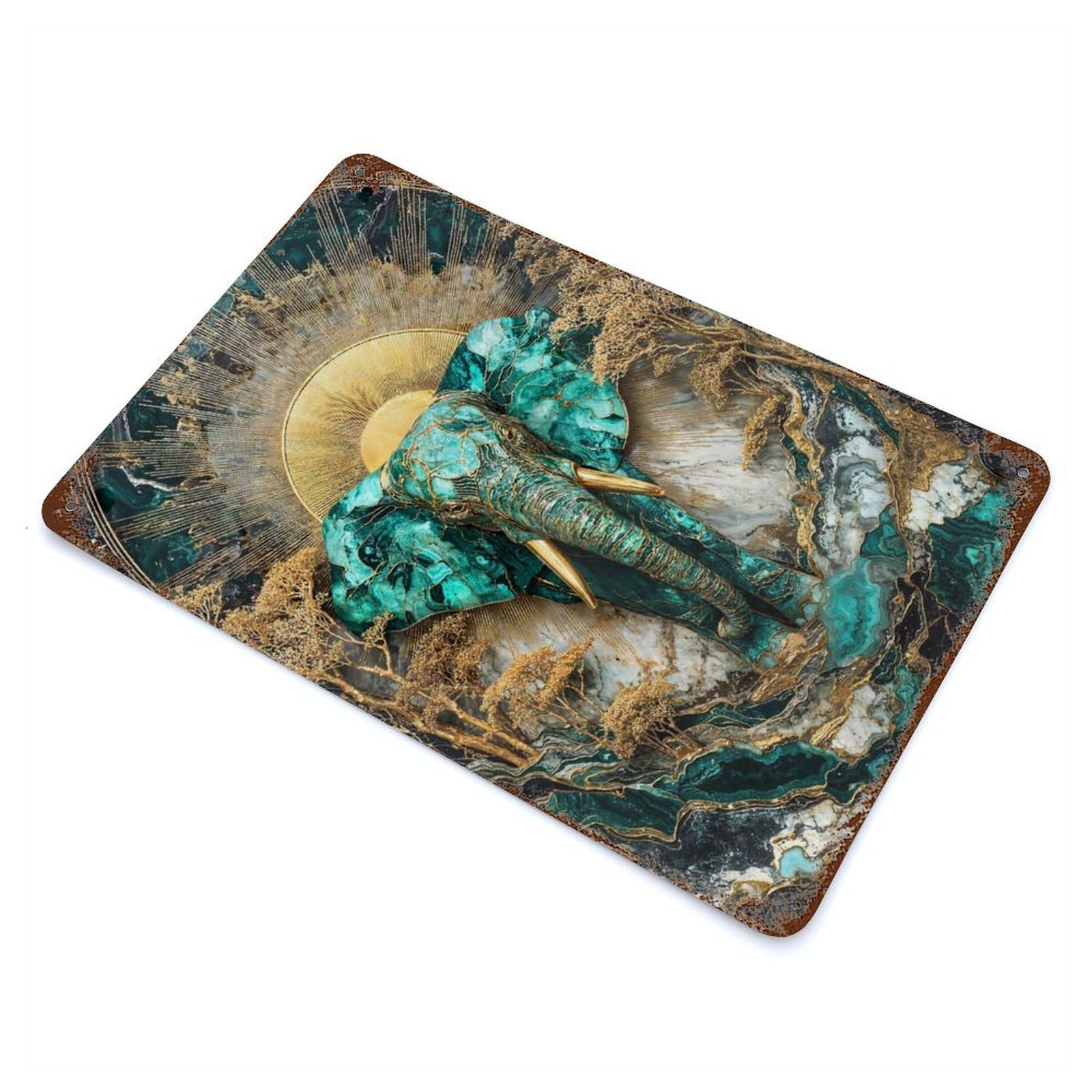Emerald Dawn Majesty Kintsugi Art Rustic Tin Plaque 11.8"x7.9", for Living Room, Hallway And Home Decor, Decorative Metal Wall Art
