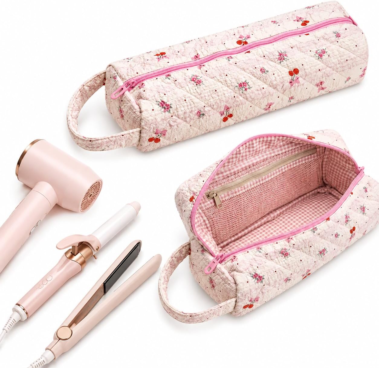 AOzT 2pcs Hair Tools Travel Bag - Cherry Pattern Hair Tool Bag Quilted Hot Tools Travel Bag Wide Opening Hot Tools Organizer for Curling Iron Flat Iron Hair Dryer