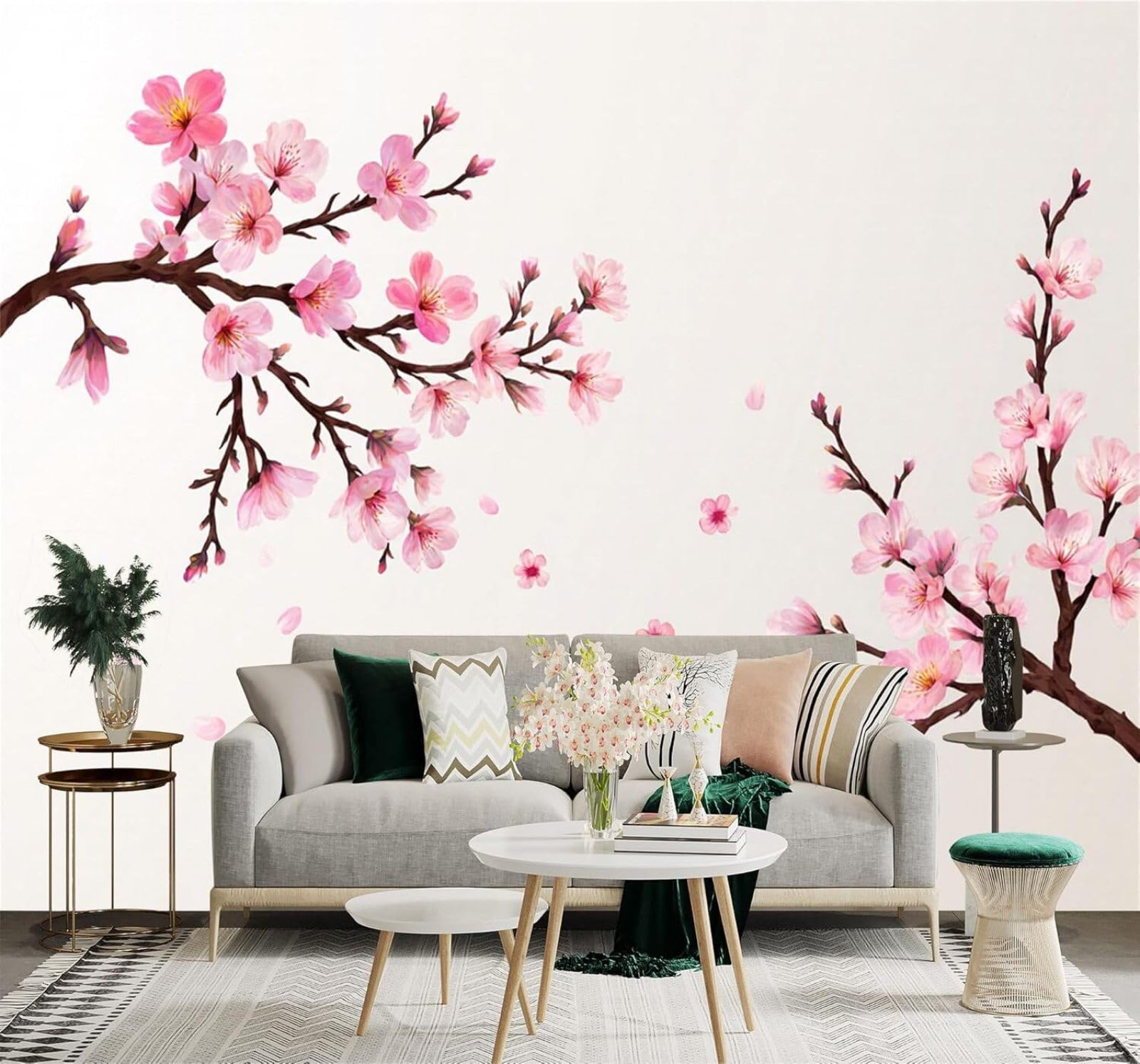 XLMING Beautiful Pink Cherry Blossoms Branches Falling Petals 3D Wallpaper Premium Textured Silk Study Dining Living Room Bedroom Sofa TV Wall Easy Install-400cm×280cm
