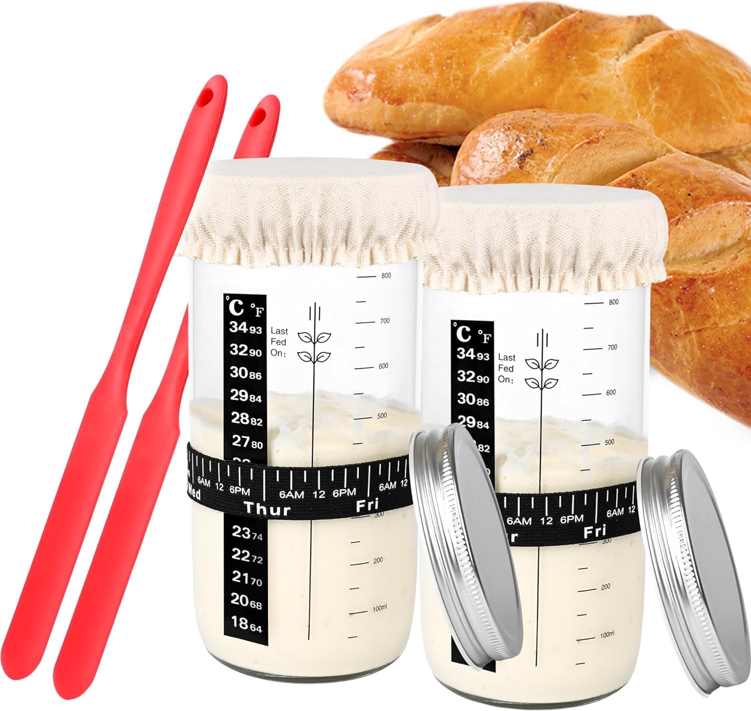 Il Lievito Kairey - Kit Démarrage Levain 1500ml - 8 Pièces - Bocaux Verre, Grattoirs, Fouet - Pour Pain Maison Faire Son Pain
