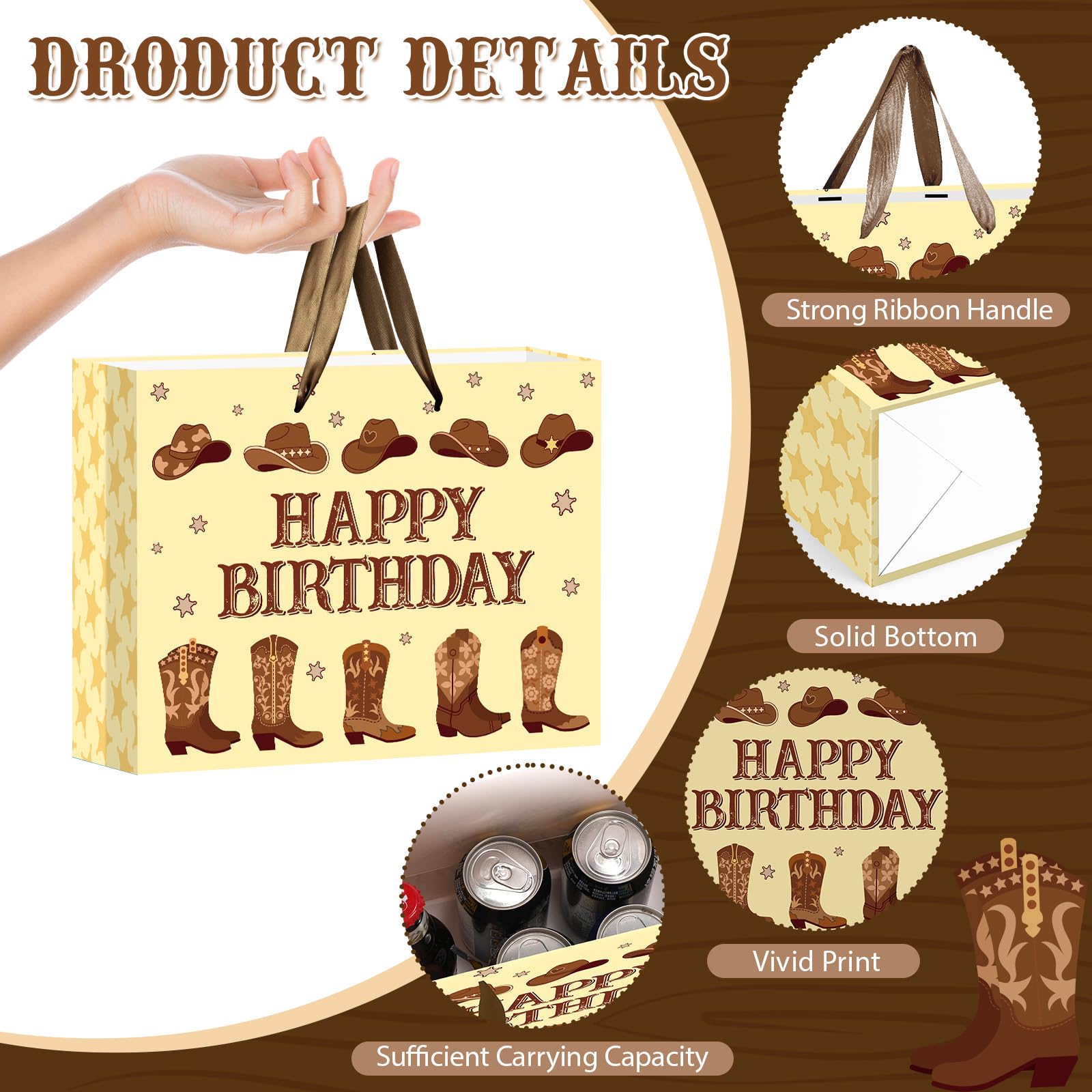 Cowboy Birthday Gift Bag Western Rodeo Baby Shower Gifts Bag with Tissue Paper Card Brown Cowboy Boots Wrapping Paper Bag for Boy Men Adult Birthday First Rodeo Western Theme Party Favor Decoration