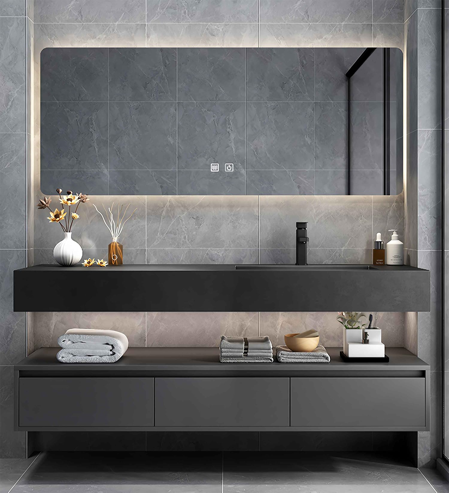 Floating Single Sink Bathroom Vanity, 64Inch Bathroom Sink Cabinet with Open Storage and Drawers, Modern Bath Vanity Includes LED Smart Mirror and