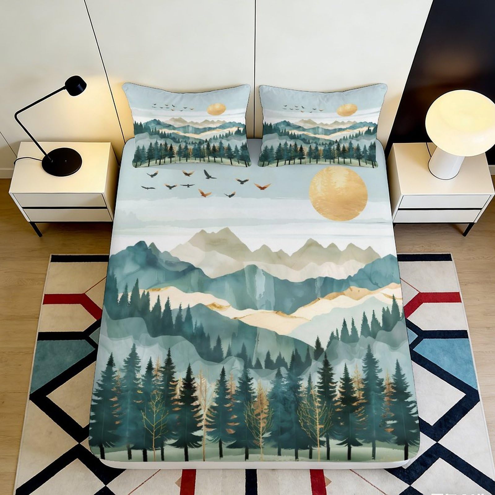 3D Printed Mountain Landscape Fitted Sheet Microfiber Soft Breathable Forest Scene Mattress Cover for Bedroom Dormitory Guest Room Protection Decor 120x200x25cm