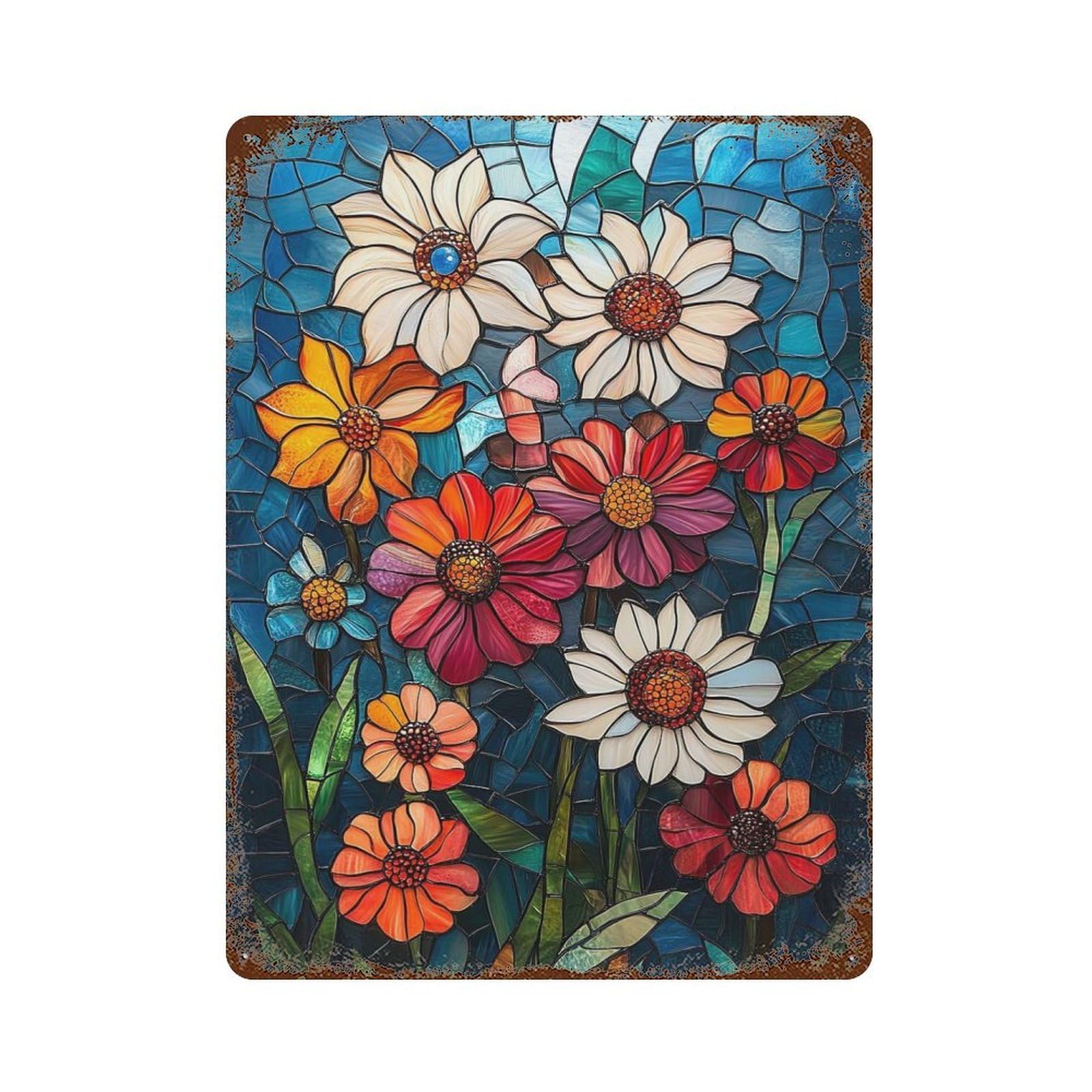 Stained Glass Floral Mosaic 15.7"x11.8" Vintage Rust Metal Sign, Shabby Chic Decor for Garage, Bar And Workshop Decor