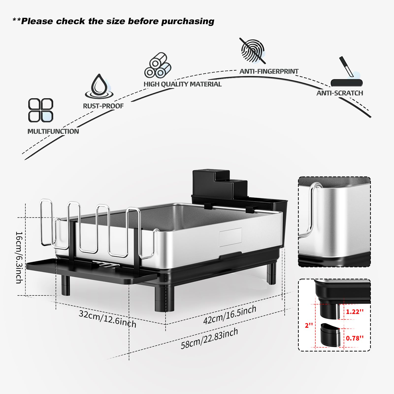 Abtropfgestell, 304 Edelstahl, Geschirrständer für Küchentheke | Abtropfgestell mit automatischer Drainage, Utensilienhalter und Becherhalter, platzsparender Küchenorganizer, Schwarz