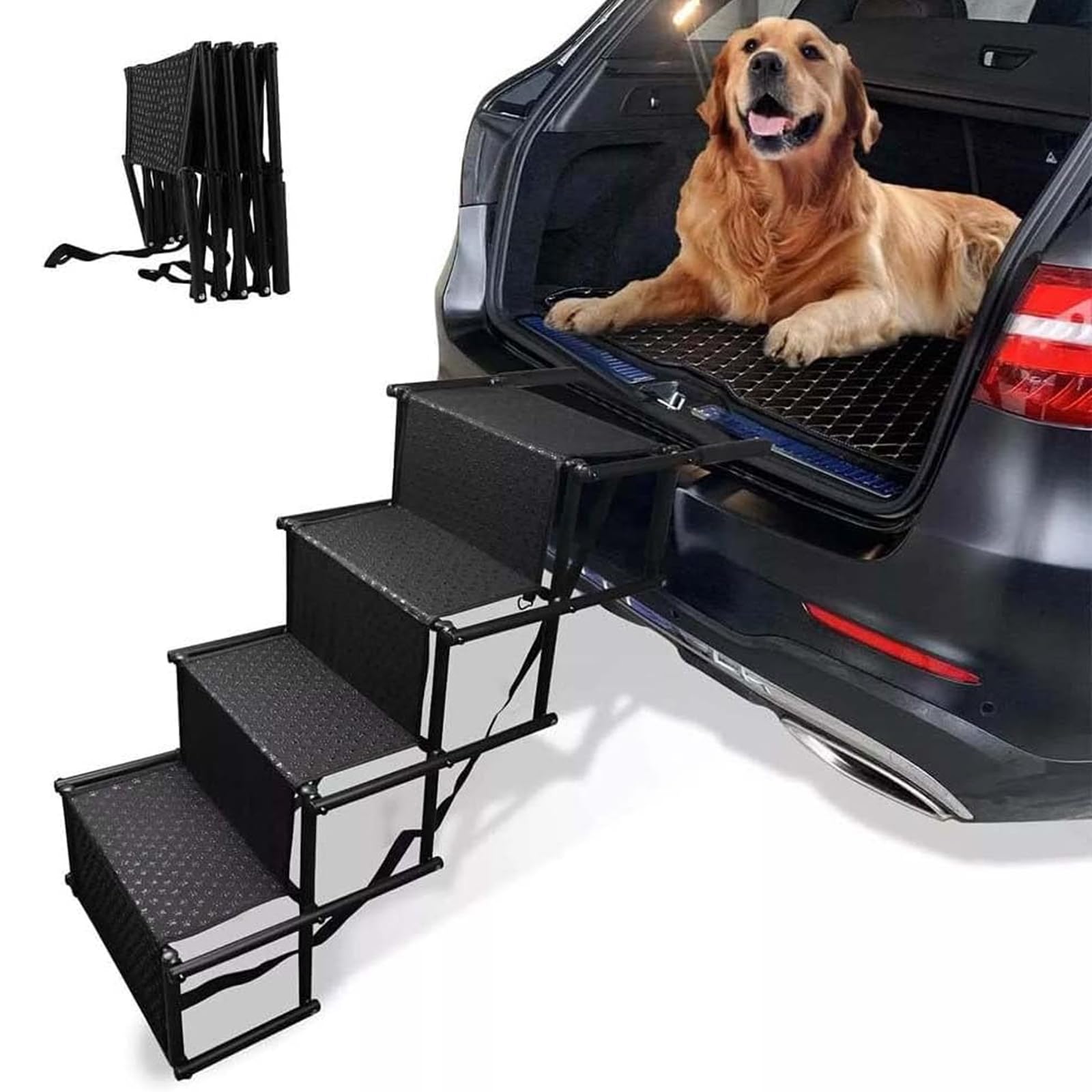 4 Steps Folding Portable Dog Ramp for cars with Non-Slip & Waterproof,Steps Car Boot Access Ladder for Pet Dog Cat,Oxford Cloth