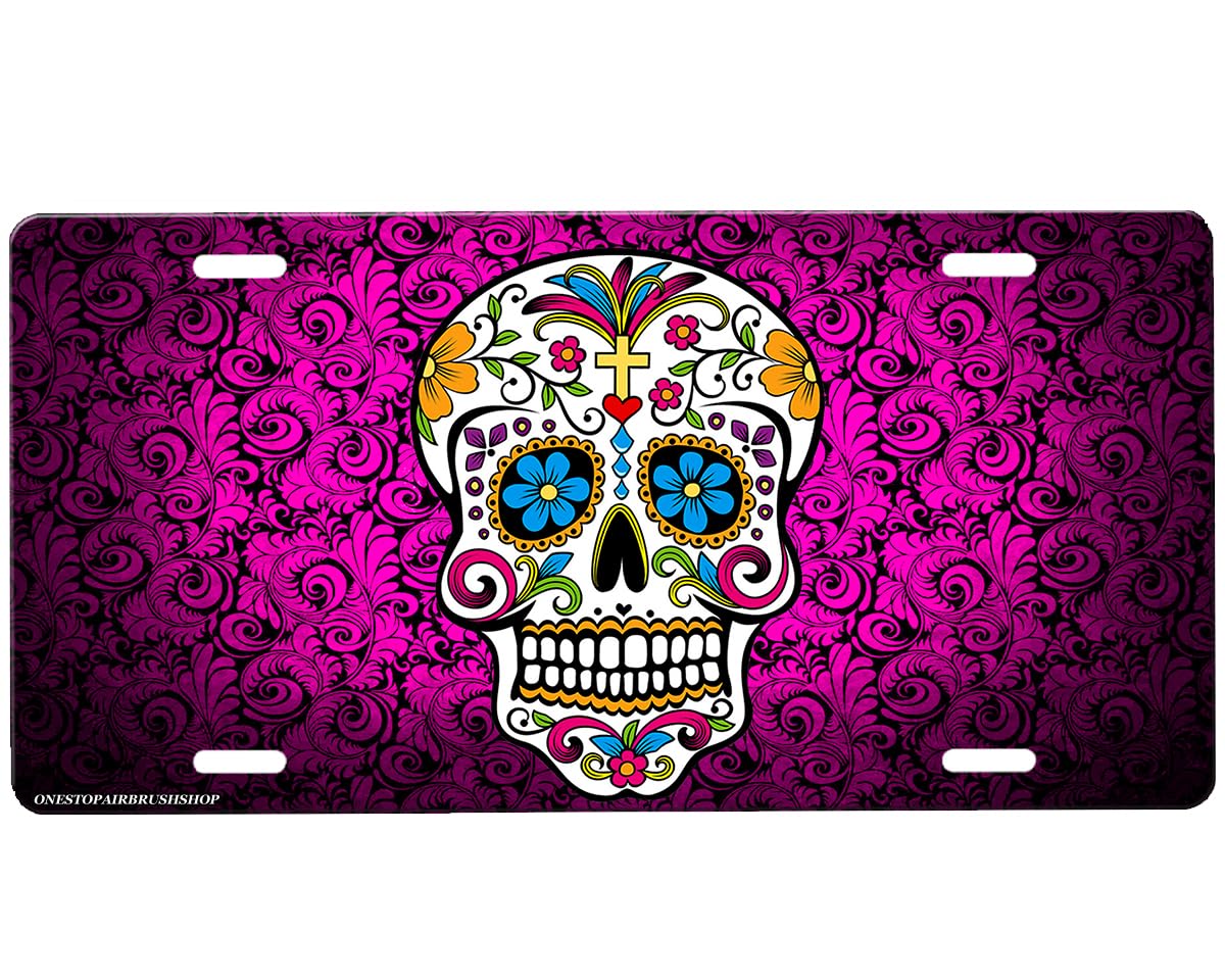 Sugar Skull Novelty Car Tag Metal Sign with Custom Background Options