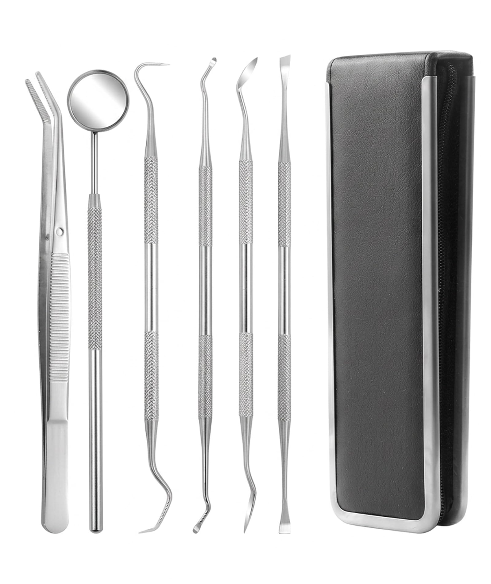 6-Piece Dental Tools Kit, Stainless Steel Teeth Cleaning Tools, Tweezer, Scraper, Pick, Mirror, Oral Care Hygiene Set, with Leather Case-image-44