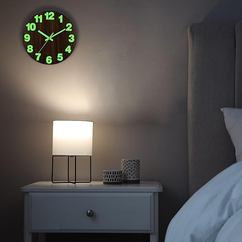 Miniatura 6 de Plumeet Reloj de pared con luz nocturna, 12 pulgadas de madera que brilla en la oscuridad para dormitorio, reloj de pared iluminado silencioso,