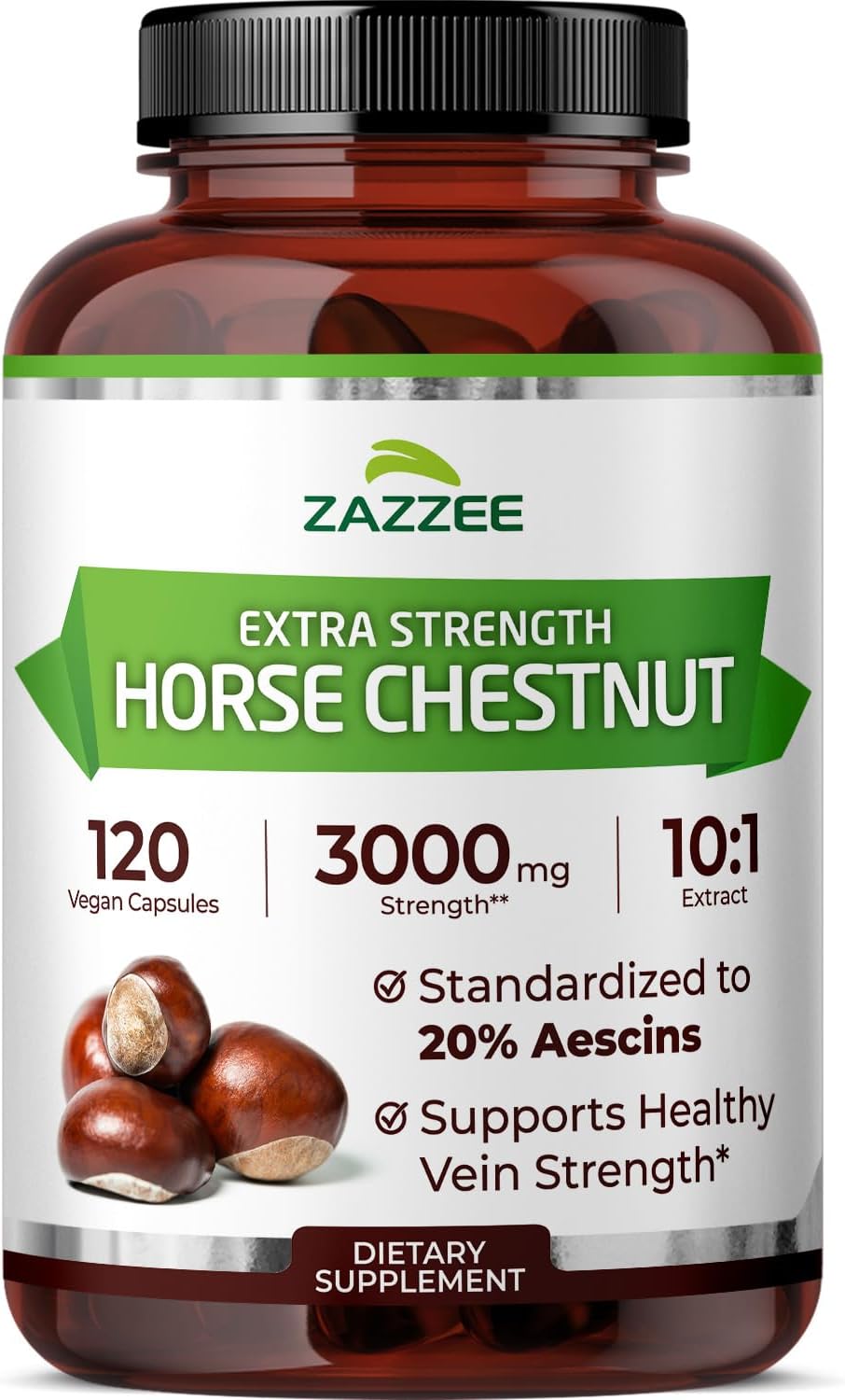 Zazzee Extra Strength Horse Chestnut 10:1 Extract, 3000 mg Strength, 20% Aescins, 4 Month Supply, 120 Vegan Capsules, Concentrated and Standardized 10X Extract, All-Natural, Non-GMO, Made in The USA