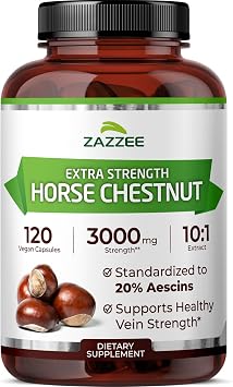 Zazzee Extra Strength Horse Chestnut 101 Extract، 20% Aescins، 120 كبسولة نباتية، إمداد لمدة 4 أشهر، Aesculus Hippocastanum، الدورة الدموية الصحية ودعم تدفق الدم، غير معدل وراثيًا، صنع في الولايات المتحدة الأمريكية