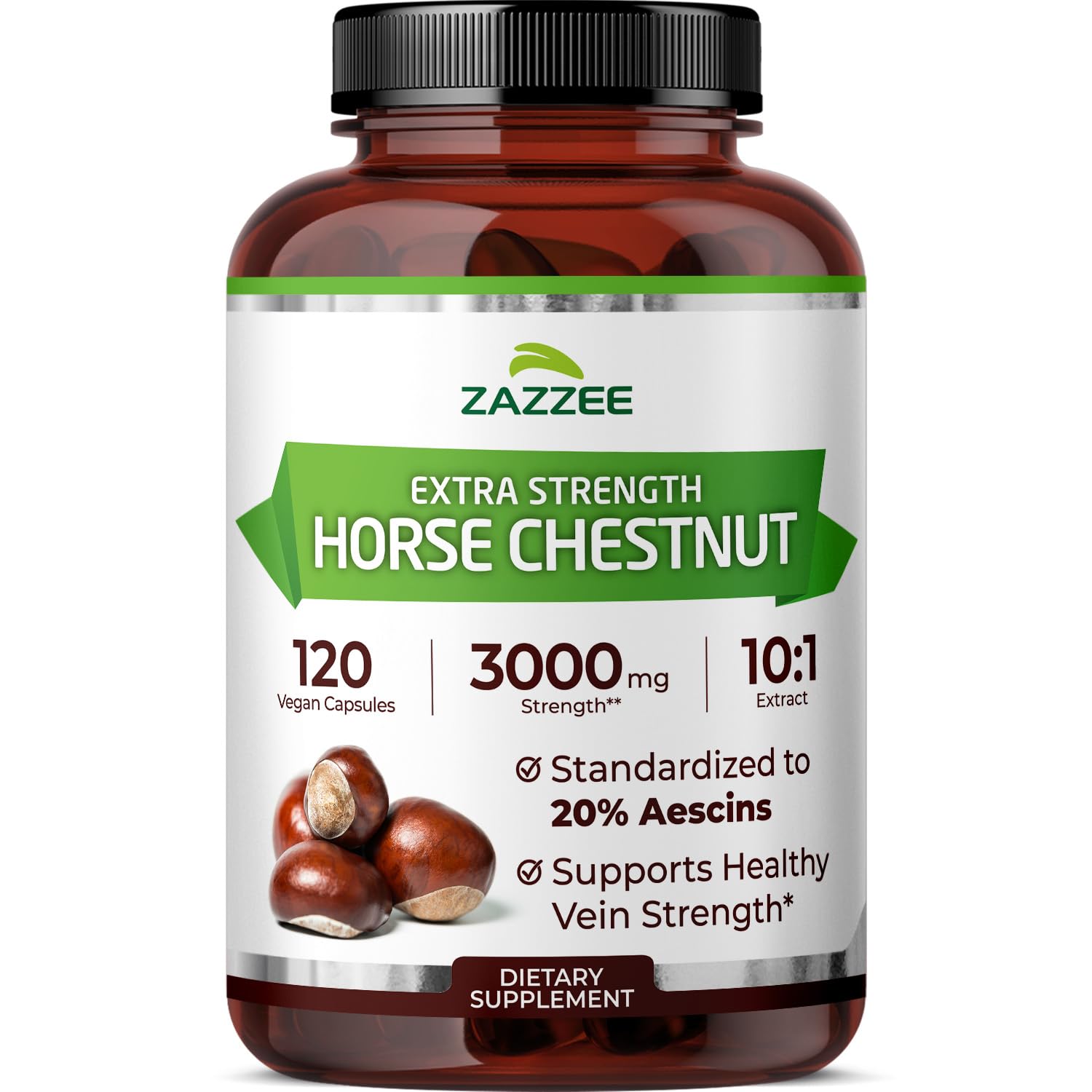 Zazzee Extra Strength Horse Chestnut 10:1 Extract, 3000 mg Strength, 20% Aescins, 4 Month Supply, 120 Vegan Capsules, Concentrated and Standardized 10X Extract, All-Natural, Non-GMO, Made in The USA