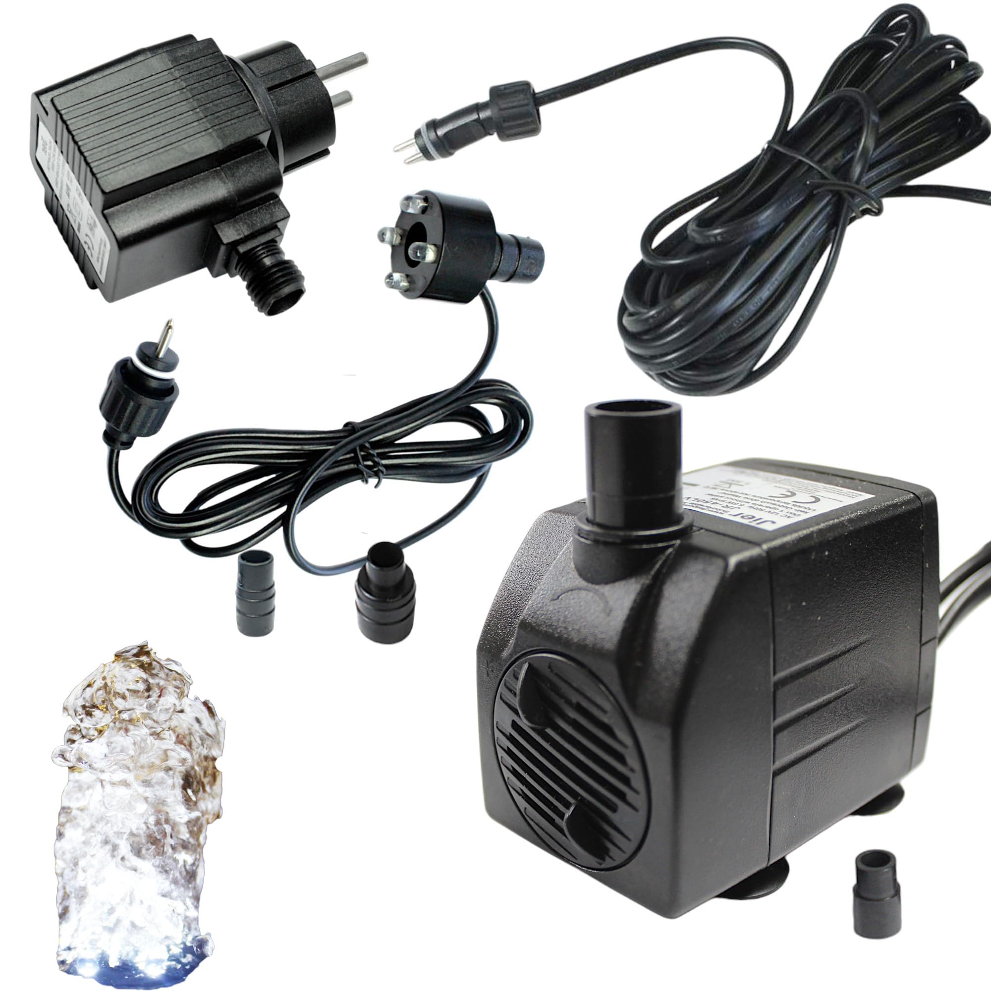 Arnusa Springbrunnenpumpe mit 1x LED Quellsteinbeleuchtung kaltweiß Spot Teichpumpe Wasserpumpe Bachlaufpumpe 12V IP44 Steckernetzteil (450 l/h)