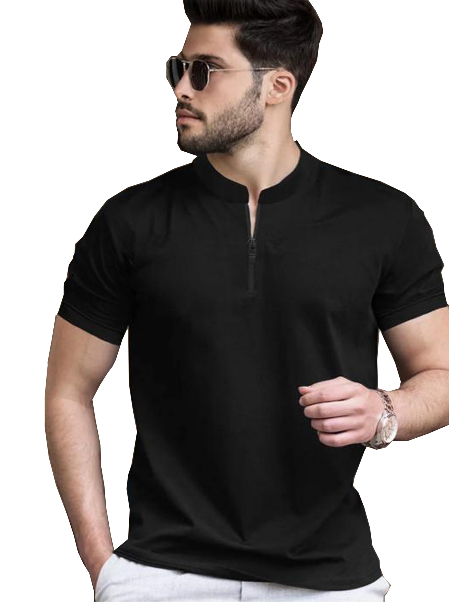 Men's Zip Neck T-Shirt, Short Sleeve, Beige, Casual Wear-picture-13