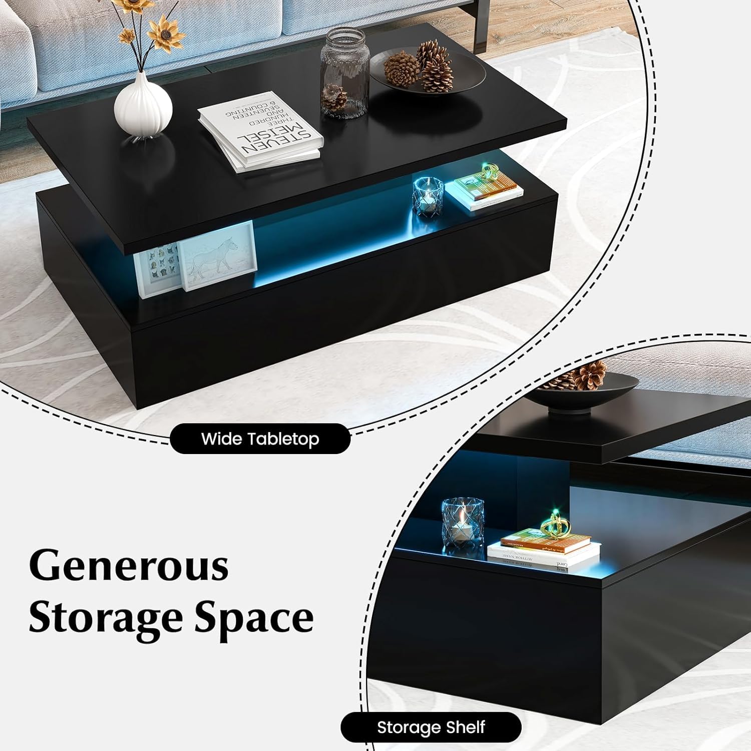 Salontafel 100×50×40 cm - met LED-verlichting - 1 la - met verstelbaar blad - zwart