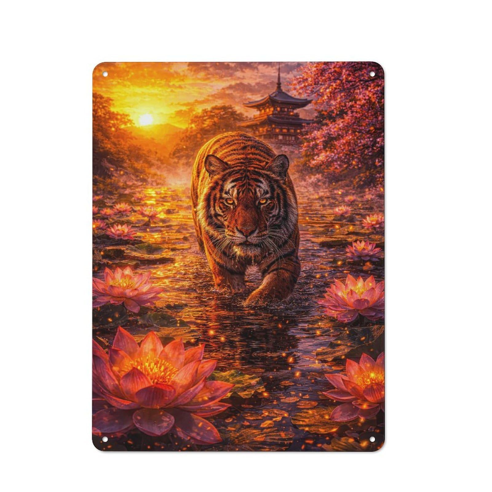 Junmoney Style-2 Tiger In A Lotus Pond At Sunset Everyday Metal Wall Decor 40X30cm, Decorative Tin Plaque For Flat, Dorm Room, Lounge Or Cafe