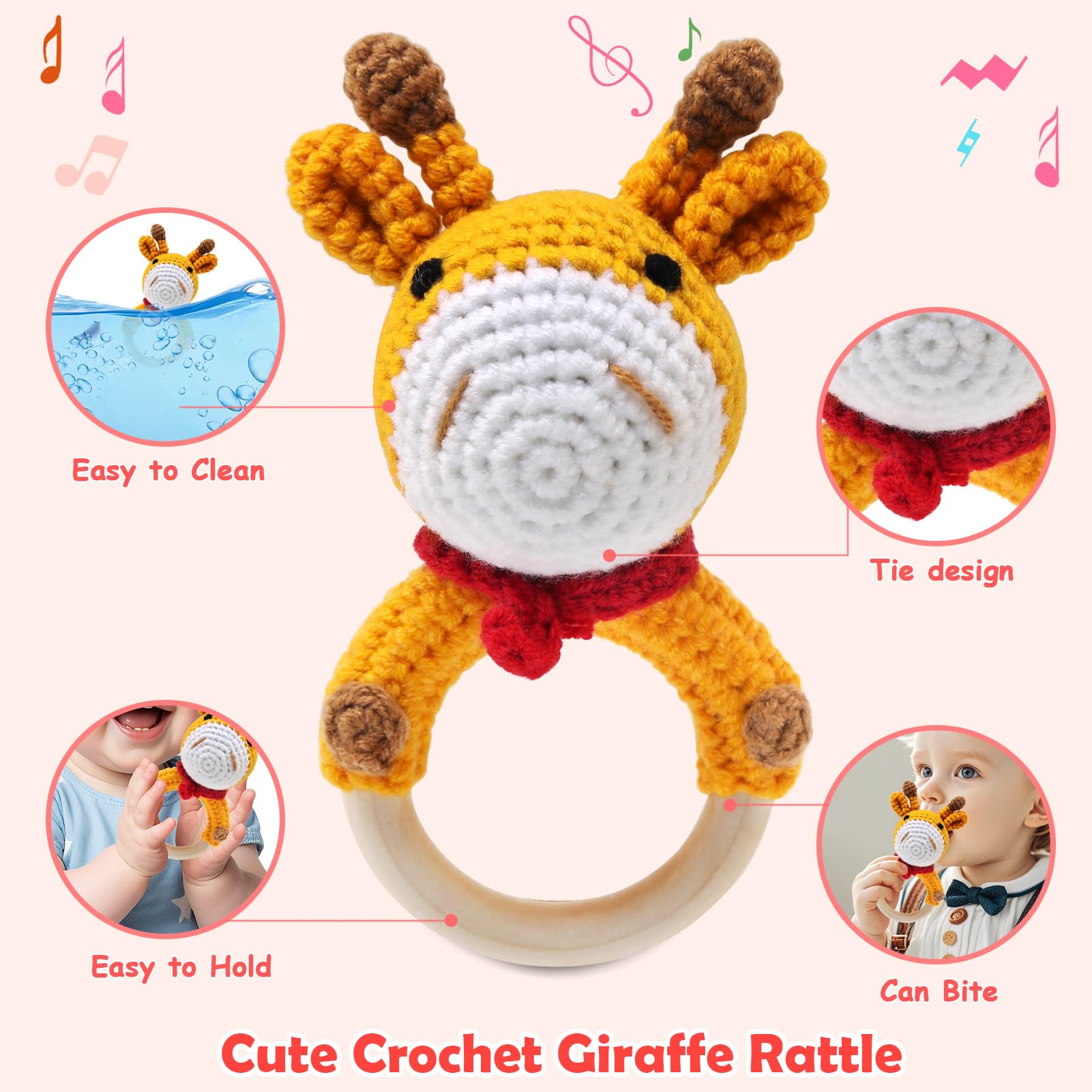 Joylife Wooden Baby Rattle with Teething Ring, Hand-Crocheted Deer Newborn Toy - Image 2