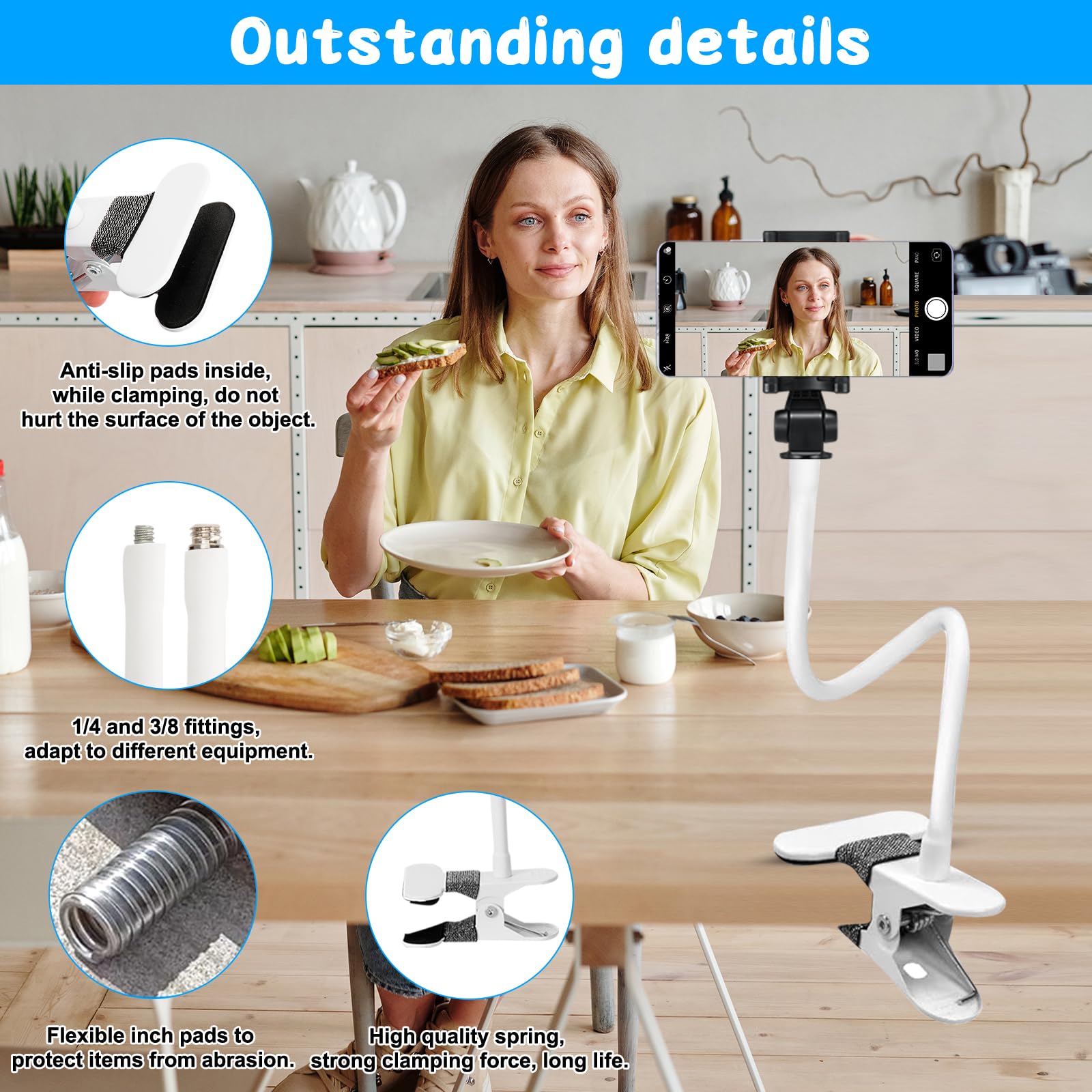 Supporto per Webcam, Filettatura da 1/4" Supporto a Collo d'oca Flessibil Con 2 Filettatura da 3/8", Fotocamera, Braccio per Fotocamera per Phone Webcam Luce Anulare (Bianco)