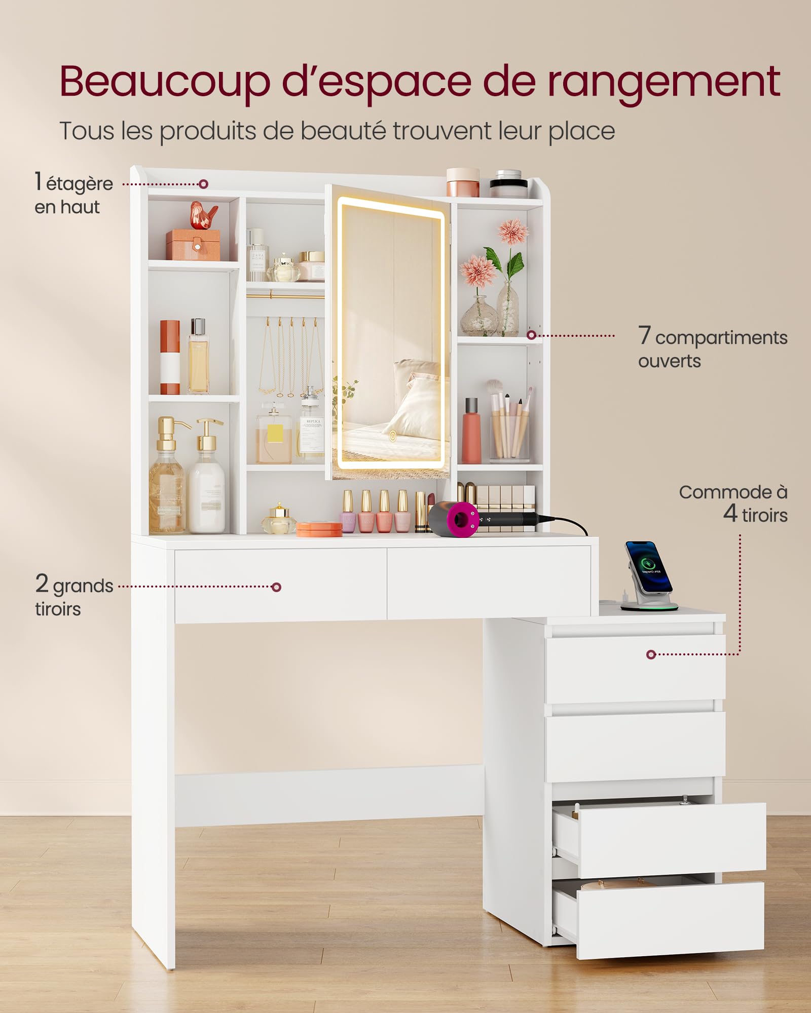 VASAGLE Coiffeuse avec Miroir LED, Luminosité Réglable, Multiprise, Table de Maquillage, 40 x 105 x 145 cm, Compartiments Ouverts, Étagères Réglables, Moderne, Blanc Nuage, Kailyn RDT144WB01